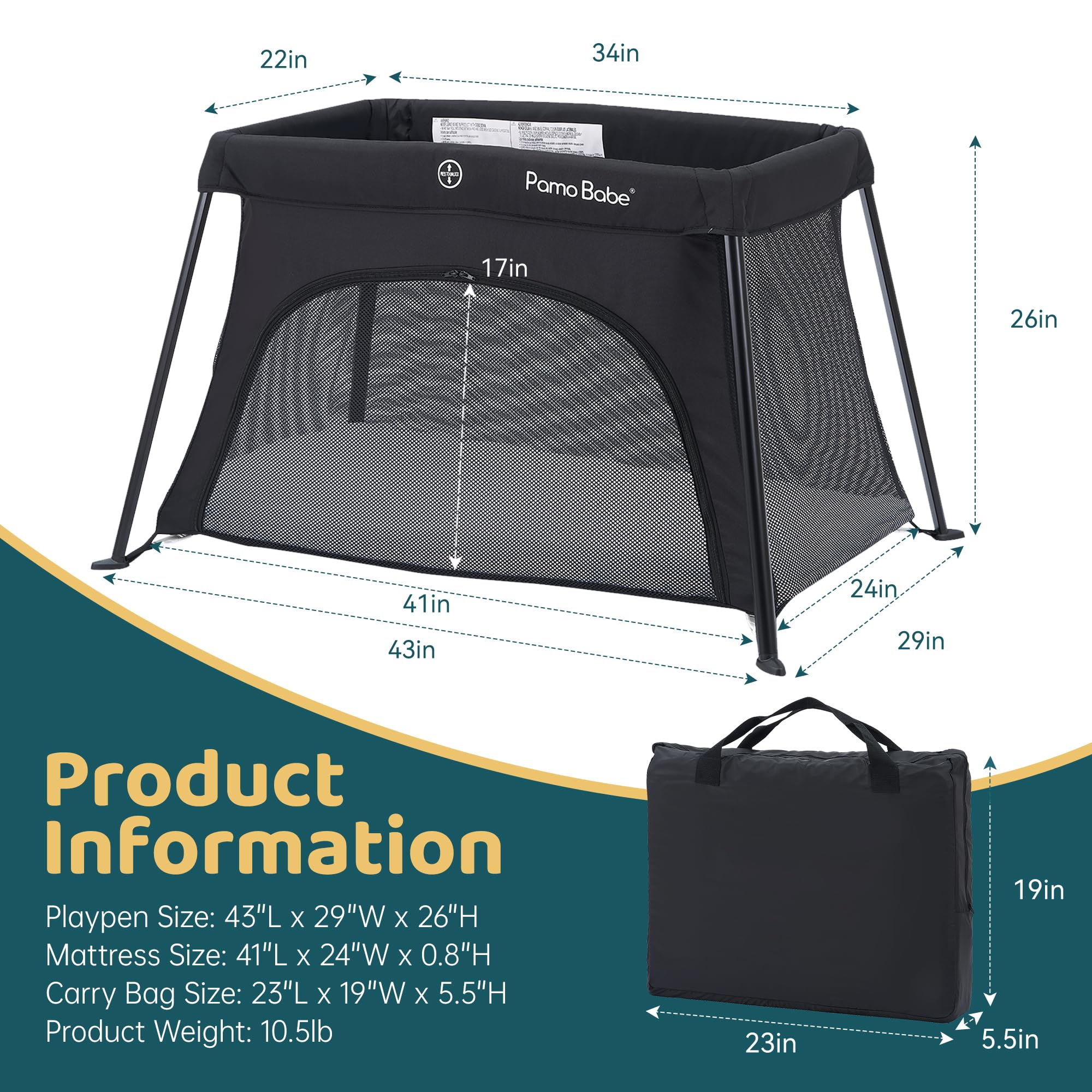 Pamo Babe Portable Travel Crib - Lightweight Baby Playpen with Zippered Door & Carry Bag for Airplane Travel - Easy Fold & Carry - Perfect for Home, Travel, Camping & Grandparents' House