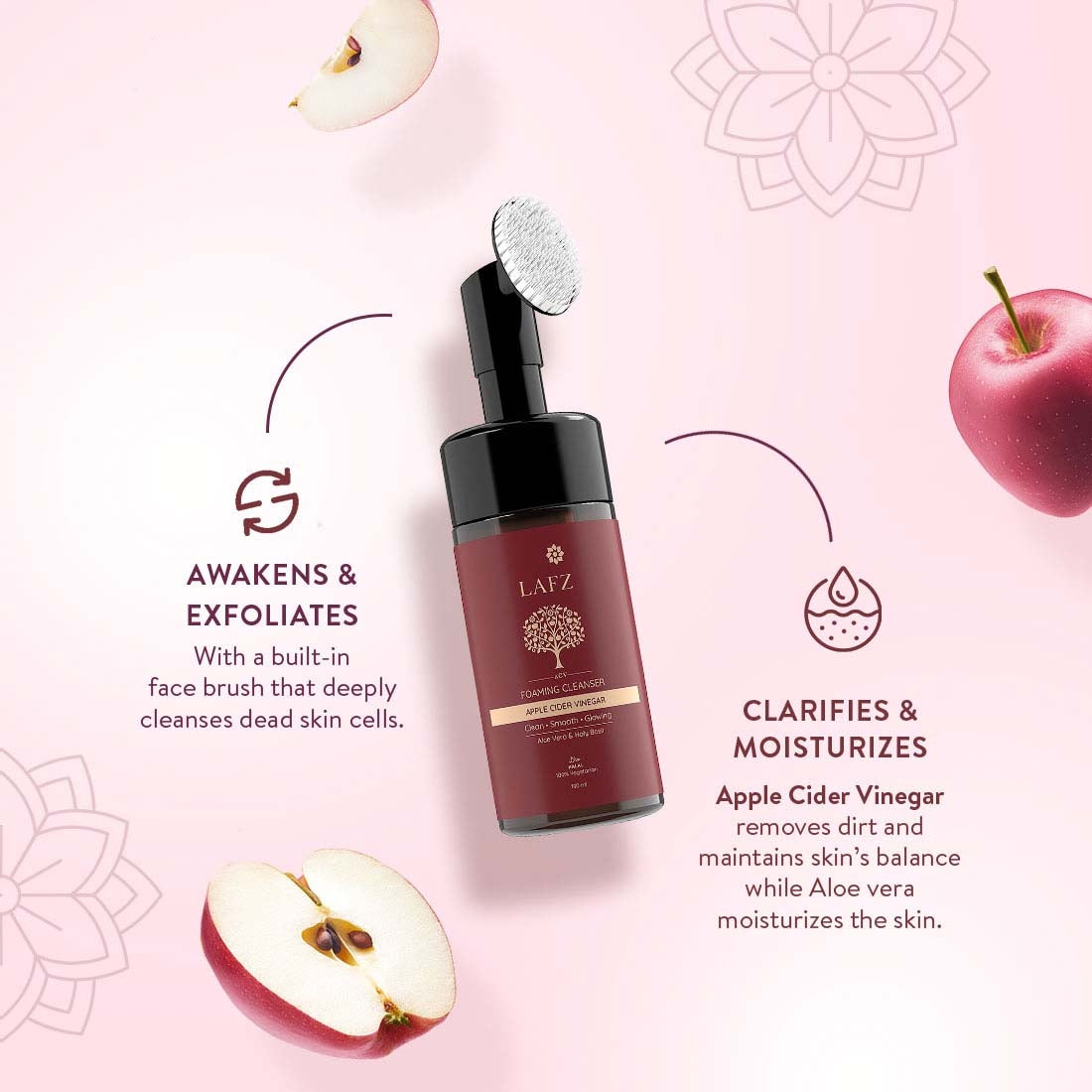 Lafz Apple Cider Vinegar Foaming Face Cleanser with Built-in Brush - 100ml | Deep Pore Cleansing for Acne & Oily Skin | Daily Skincare Routine