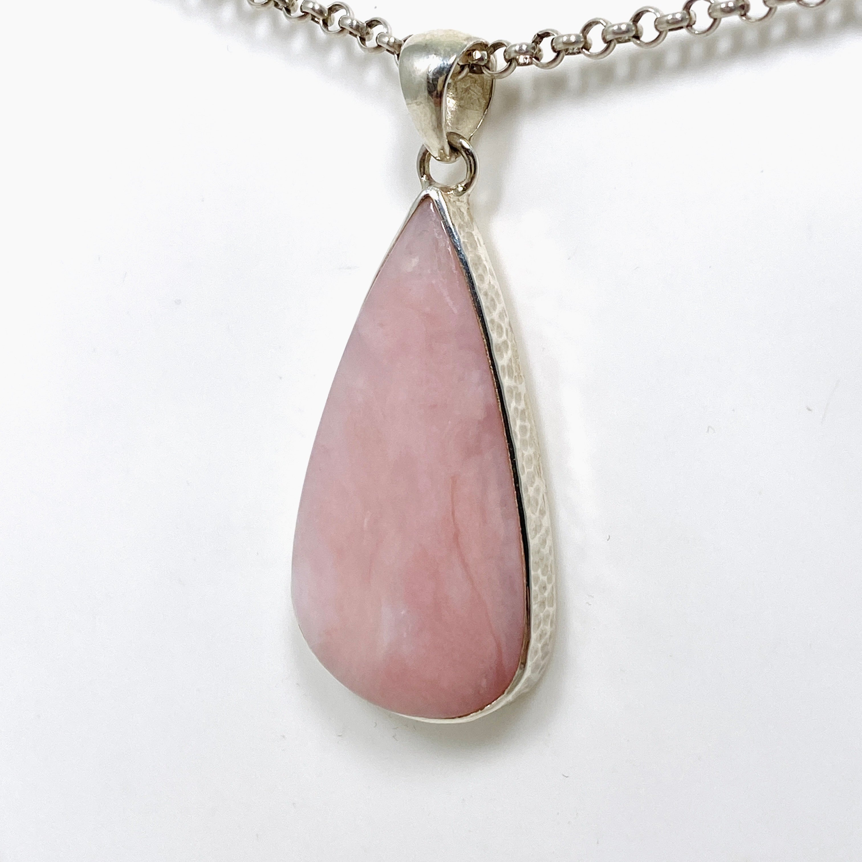 Natural Pink Opal Teardrop Cabochon Pendant in Handcrafted Hammered Sterling Silver Setting KPGJ4670 | Elegant Boho Jewelry for Women, Perfect for Everyday Wear & Special Occasions
