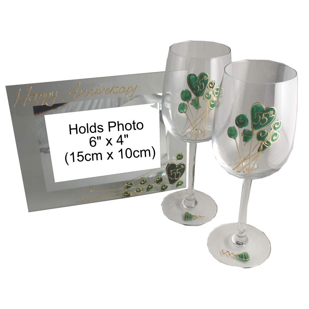 Dreamair 55th Emerald Wedding Anniversary Gift Set - Elegant Crystal Wine Glasses & Silver Photo Frame for Couples - Perfect for Anniversary Celebrations, Romantic Dinners & Home Decor
