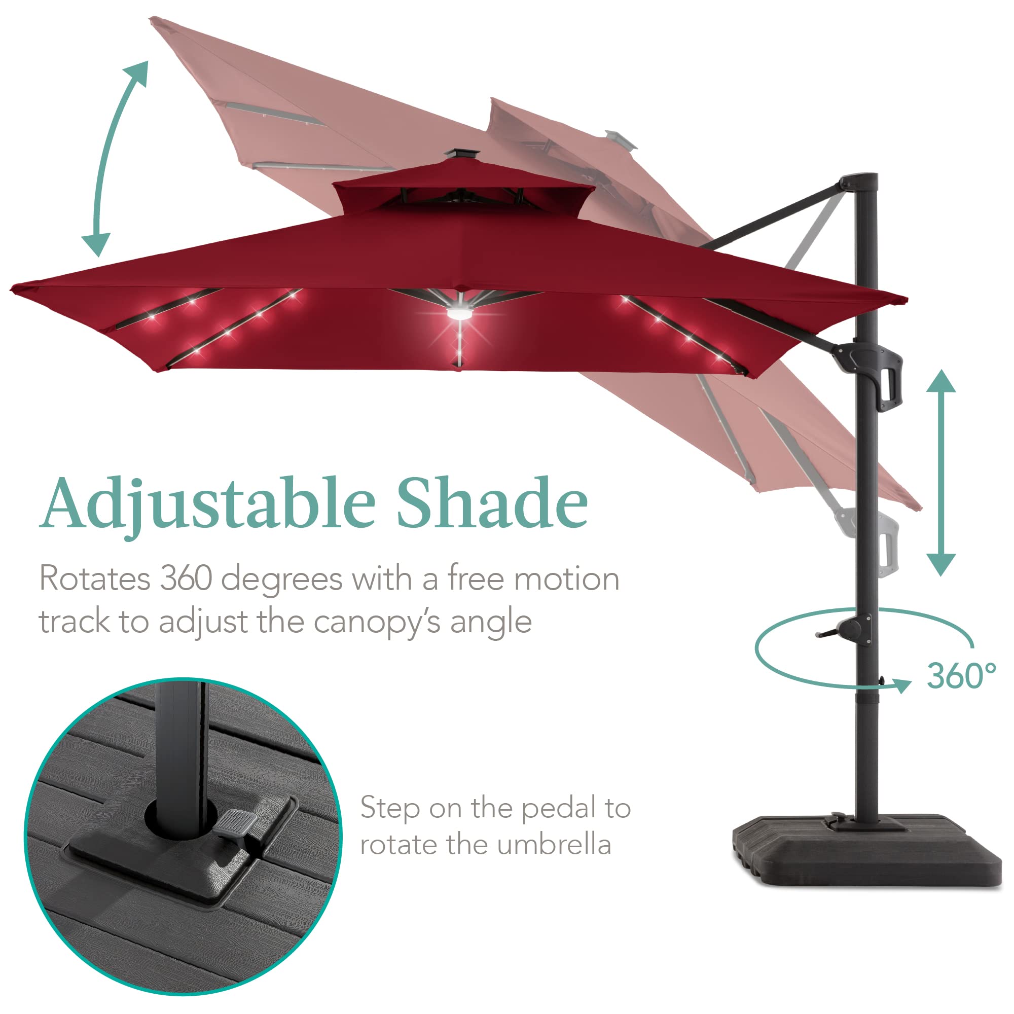 Best Choice Products 10x10ft Cantilever Patio Umbrella with Base - Solar LED Lights, 360° Rotation, Large Offset Outdoor Shade for Deck, Pool, Backyard - Burgundy | Perfect for Sun Protection, Outdoor Dining & Relaxation