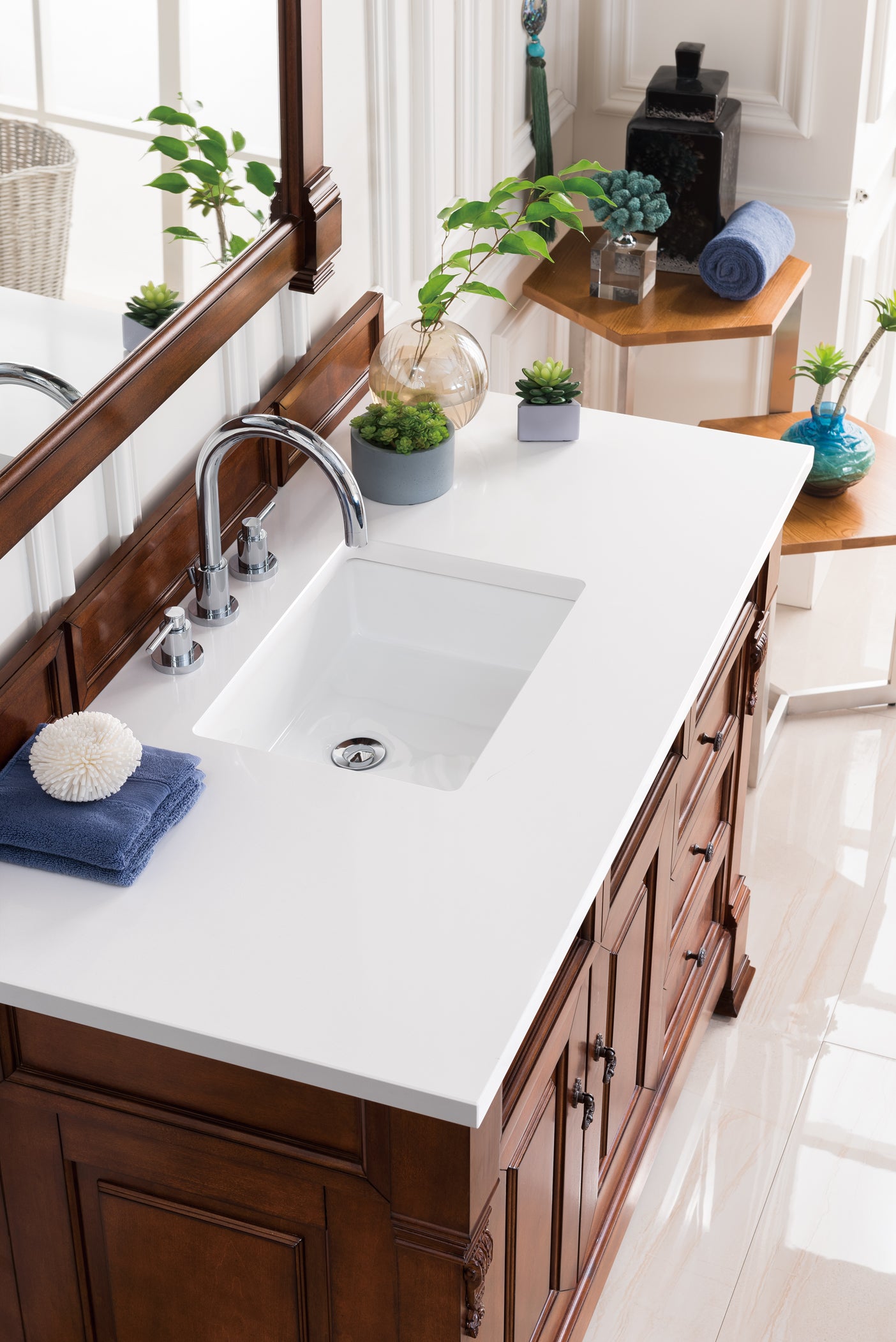 Brookfield 48 Inch Single Bathroom Vanity with Warm Cherry Finish & 3CM White Zeus Quartz Countertop - Perfect for Modern Master Bathrooms & Guest Suites