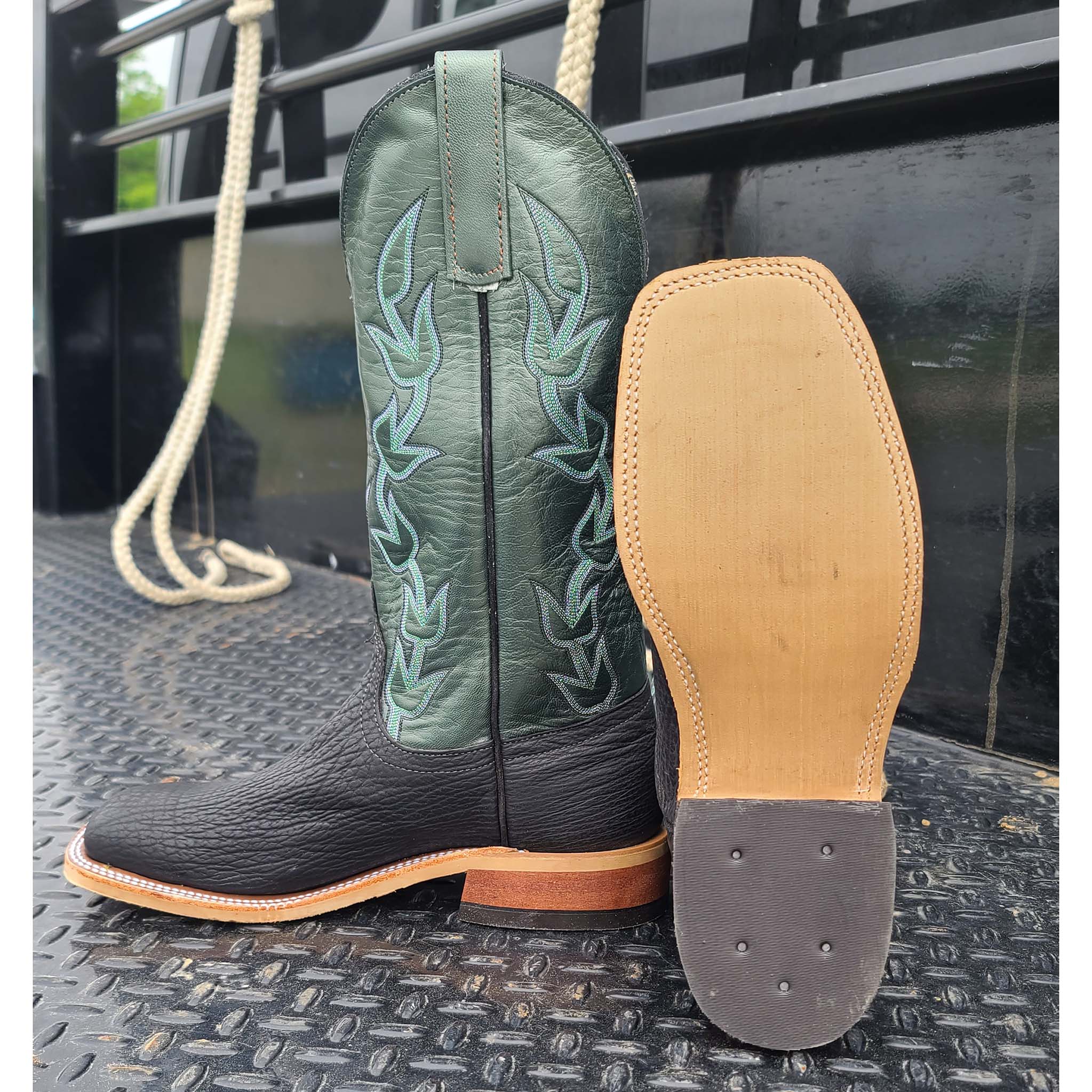 Anderson Bean Men's Black & Green Oiled Shark Leather Cowboy Boots - Durable Western Boots for Riding, Work & Country Style Fashion