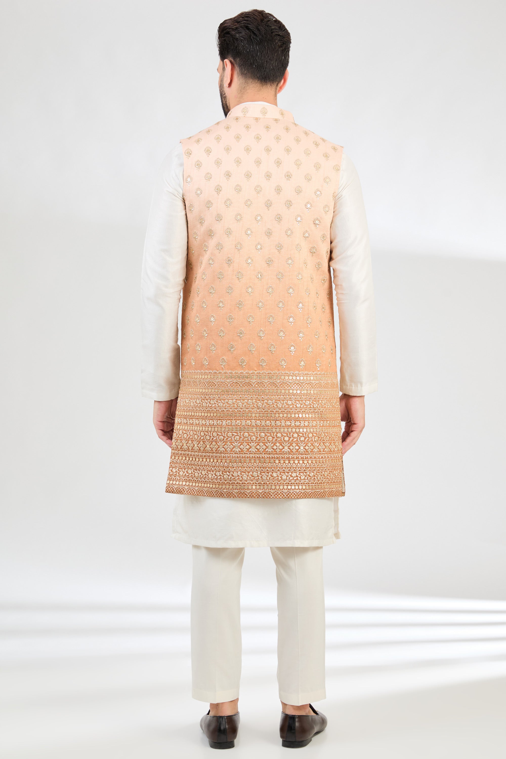 Coral Peach Ombre Long Open Shrug with Zari Embroidery - Elegant Cover-Up for Weddings, Parties & Evening Events