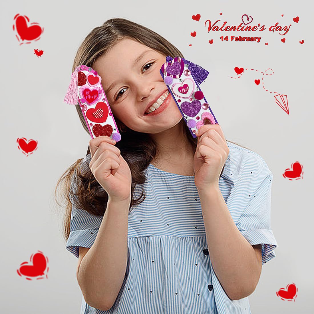 24 Sets Valentine's Day DIY Craft Kit for Kids - Foam Bookmarks with Self-Adhesive Heart Stickers & Pom Poms - Classroom Activity Supplies, Party Favors, Gift Exchange Ideas for Valentine's Day Celebrations