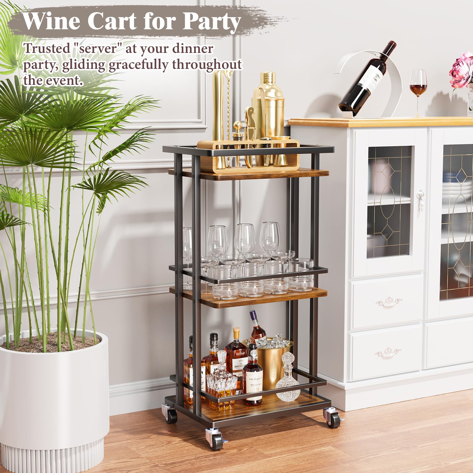 3-Tier Rolling Bar Cart with Wheels - Portable Mini Liquor Cabinet for Wine, Beverage & Coffee Storage - Kitchen Island Serving Cart for Dining Room, Living Room & Party Use - Espresso Brown Home Bar Furniture (Perfect for Entertaining, Small Space Storage & Mobile Drink Service)