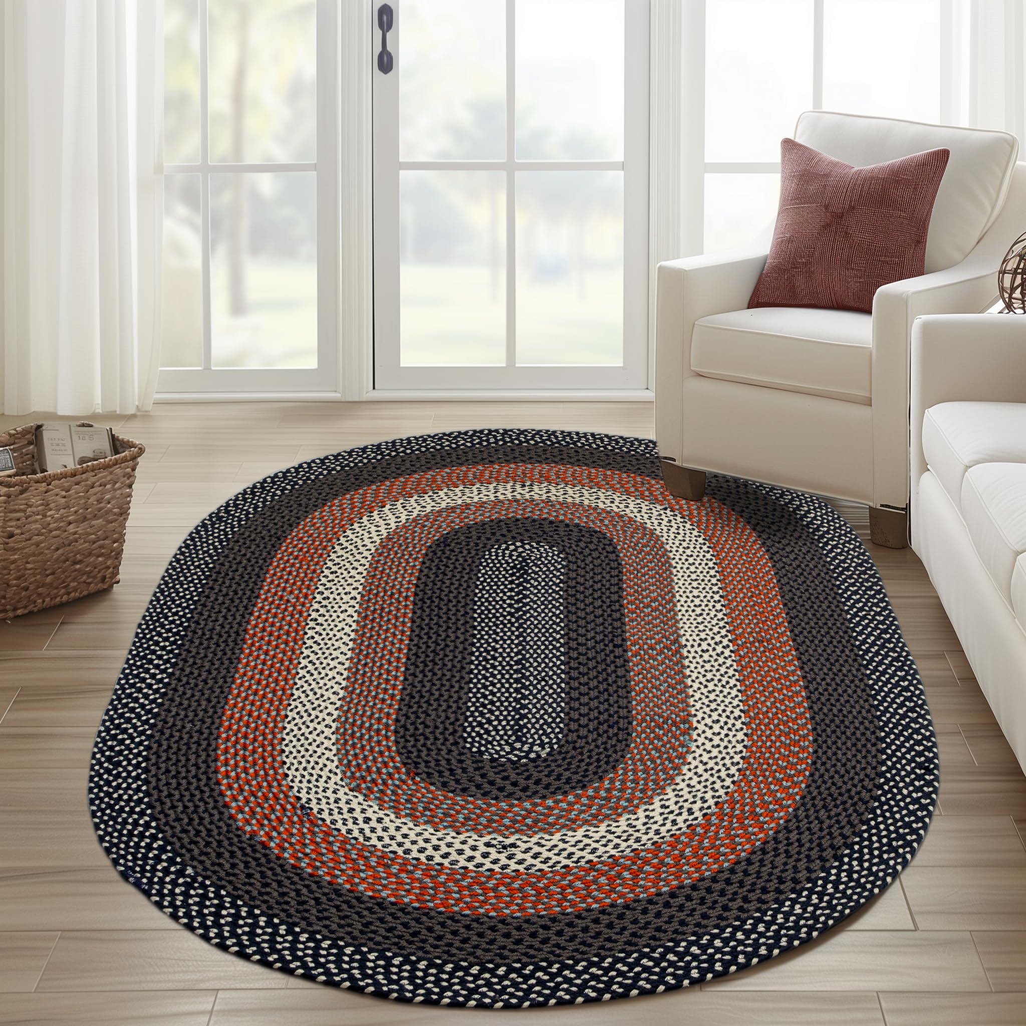 5' x 8' Oval Washable Braided Rug - Rustic Red White Blue Navy Indoor Outdoor Rug for Living Room, Family Room, Patio & Porch | Durable Home Decor for Cozy Spaces
