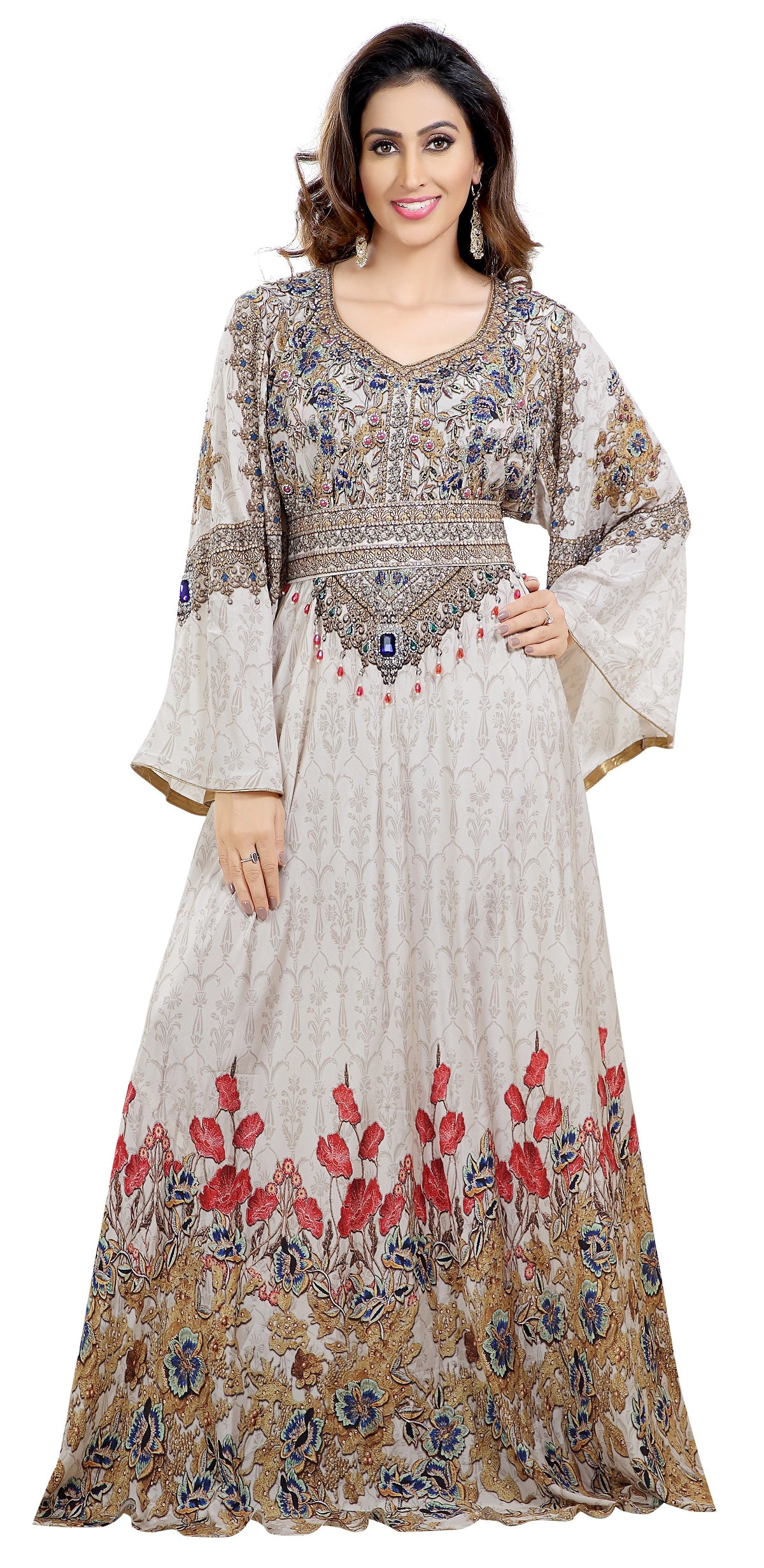 Floral Digital Printed Maxi Dress with Multi-Color Beads - Perfect for Summer Parties, Beach Vacations & Boho Fashion