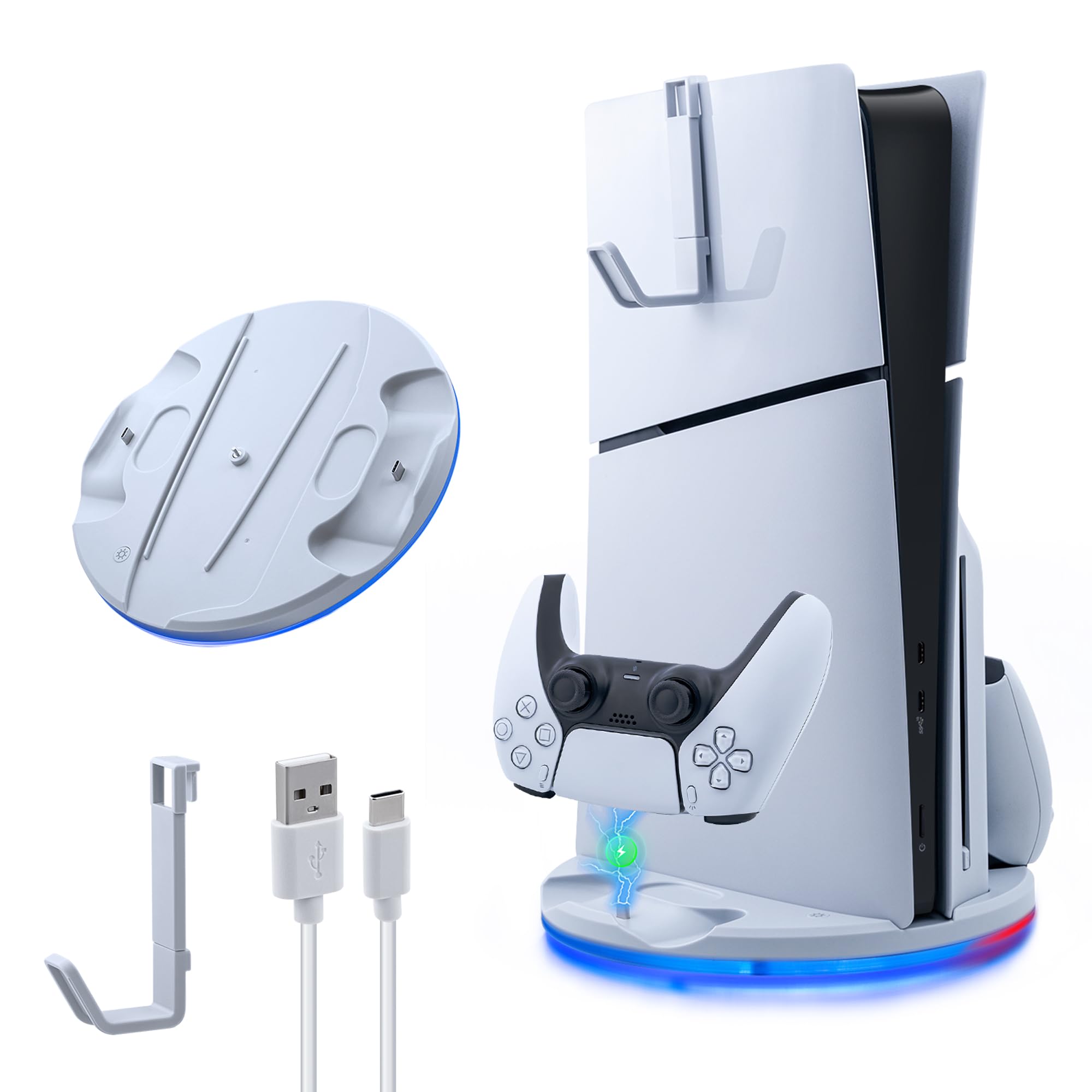 Mcbazel PS5 Slim Vertical Stand with LED Light, Fast Charging Dock for 2 Controllers & Headset Hook - White (Compatible with PS5 Slim DE/UHD, Not for PS5/PS5 Pro) - Perfect for Gaming Setup & Organized Playstation Accessories