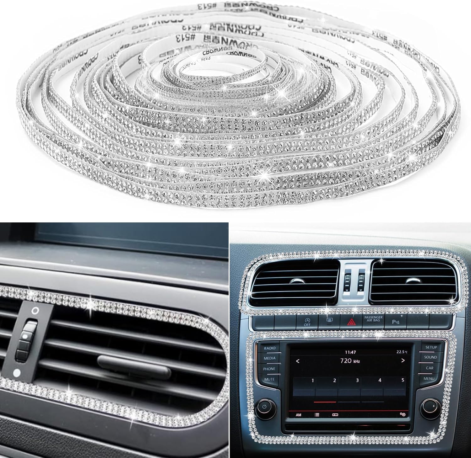 16.4Ft Self-Adhesive Rhinestone Car Trim - Bling Interior & Exterior Door Stickers for Women's Car Decoration (White) | Perfect for Customizing Sedans, SUVs & Luxury Vehicles