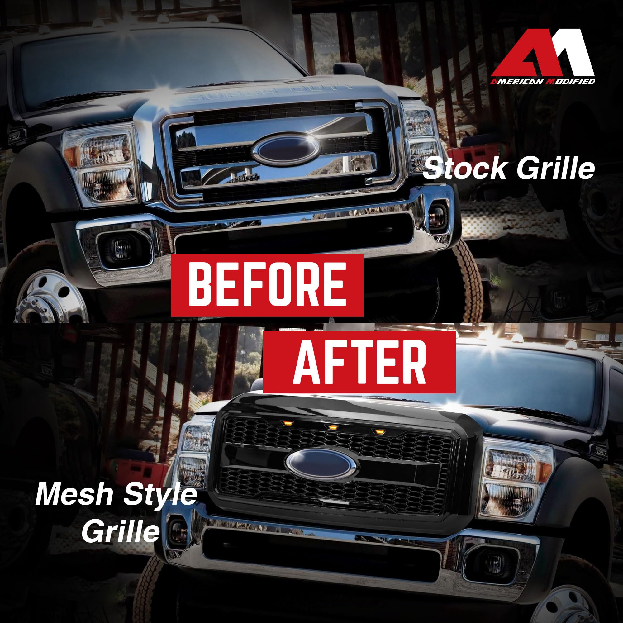 **2011-2016 Ford F250 F350 F450 F550 Raptor Style Front Grille with Amber LED Lights & Emblem Base - Glossy Black | Off-Road & Truck Customization Upgrade**    *(Use Case: Enhance your Ford Super Duty truck's aggressive look and visibility with this durable Raptor-style grille, perfect for off-roading, truck shows, or daily driving.)*