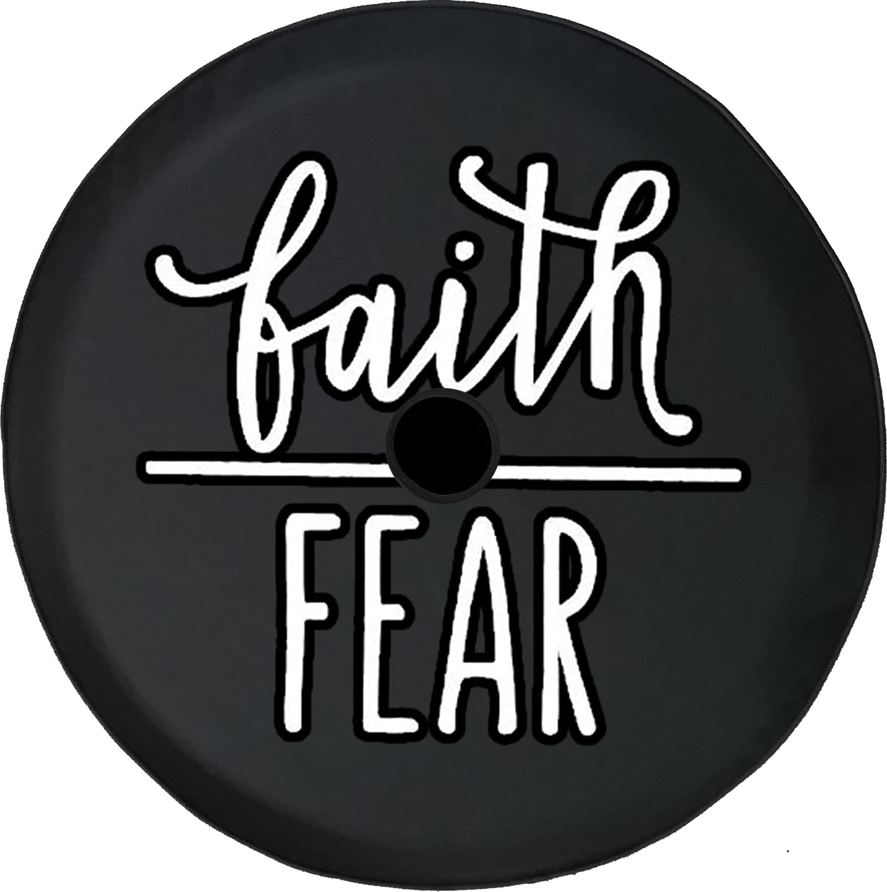 Faith Over Fear Black 33 Inch Jeep JL Tire Cover with Backup Camera Hole - Durable SUV & Truck Spare Tire Accessories for Off-Road Adventures & Daily Commute