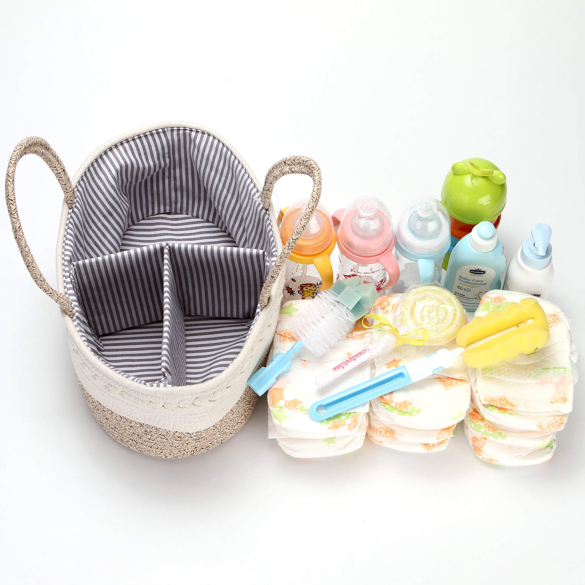Hinwo Baby Diaper Caddy Organizer - 3 Compartments Portable Nursery Storage Basket for Newborn Essentials, Diapers, Wipes & Baby Shower Gifts | Detachable Cotton Divider, Car & Home Use