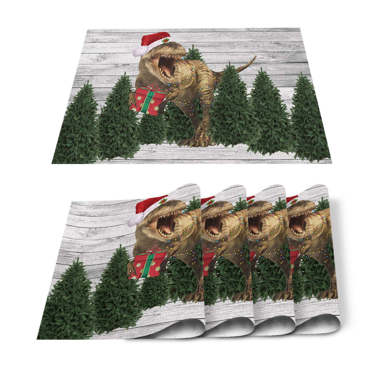 Litter Star Set of 4 Christmas Tree & Dinosaur Placemats - Stain Resistant Washable Kitchen Table Mats for Dining Decor - Retro Wooden Design - Perfect for Holiday Parties, Family Dinners & Kids' Meals