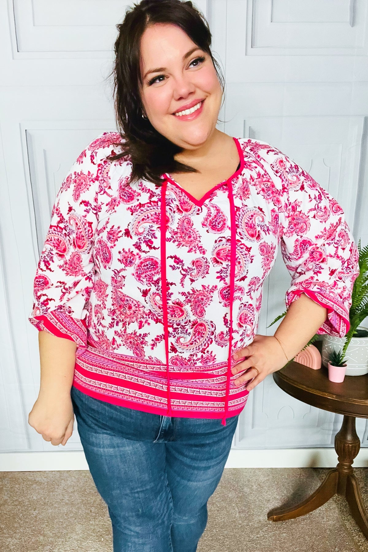 Stylish Fuchsia Paisley Boho Front Tie Blouse for Women | Trendy Summer Crop Top | Perfect for Music Festivals, Beach Vacations & Boho Chic Outfits