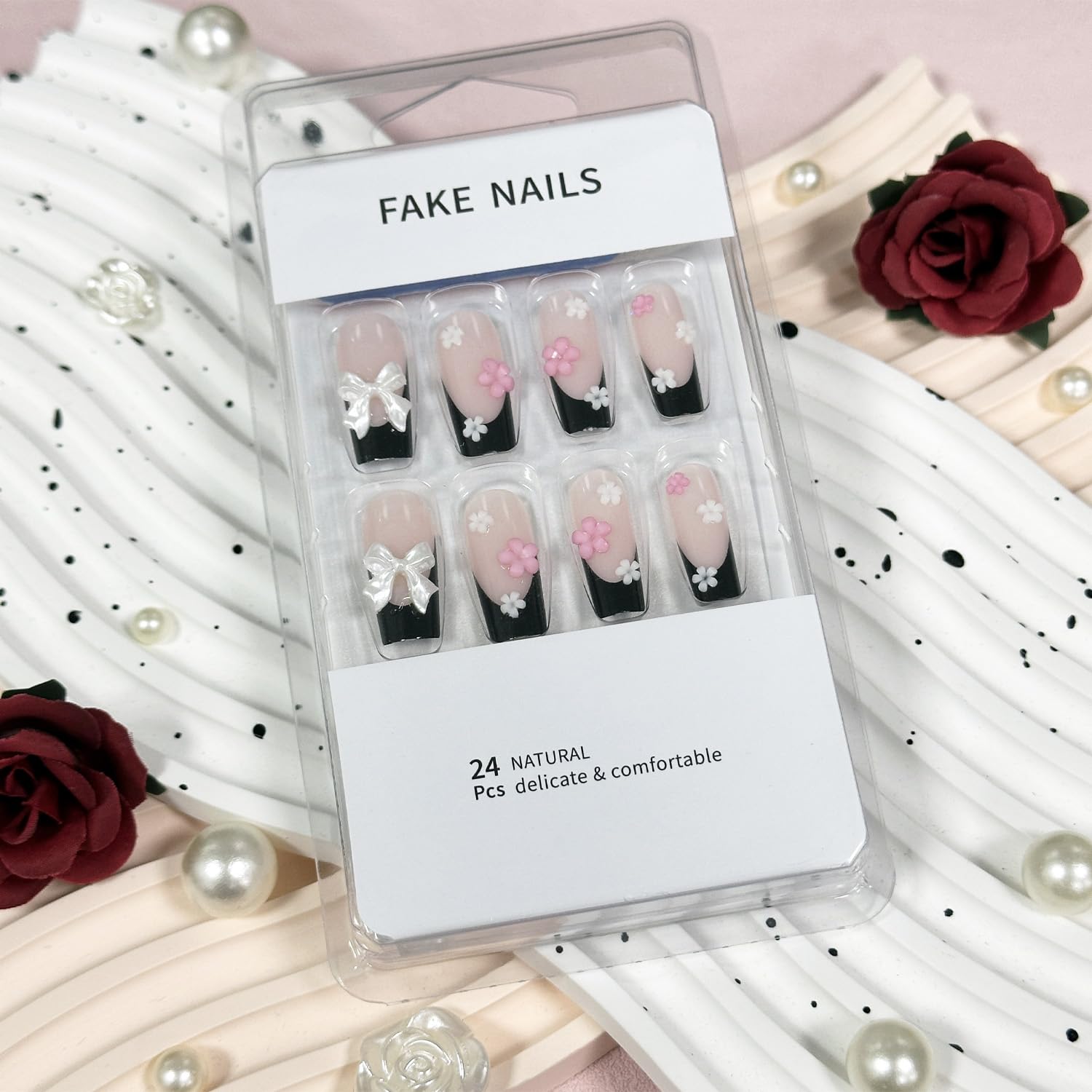 Black French Tip Press on Nails - Medium Long Square Fake Nails with 3D Pink Flower Design | Glossy Reusable Artificial Nails Kit for Women (24Pcs) | Perfect for Parties, Weddings, Date Nights & Special Occasions