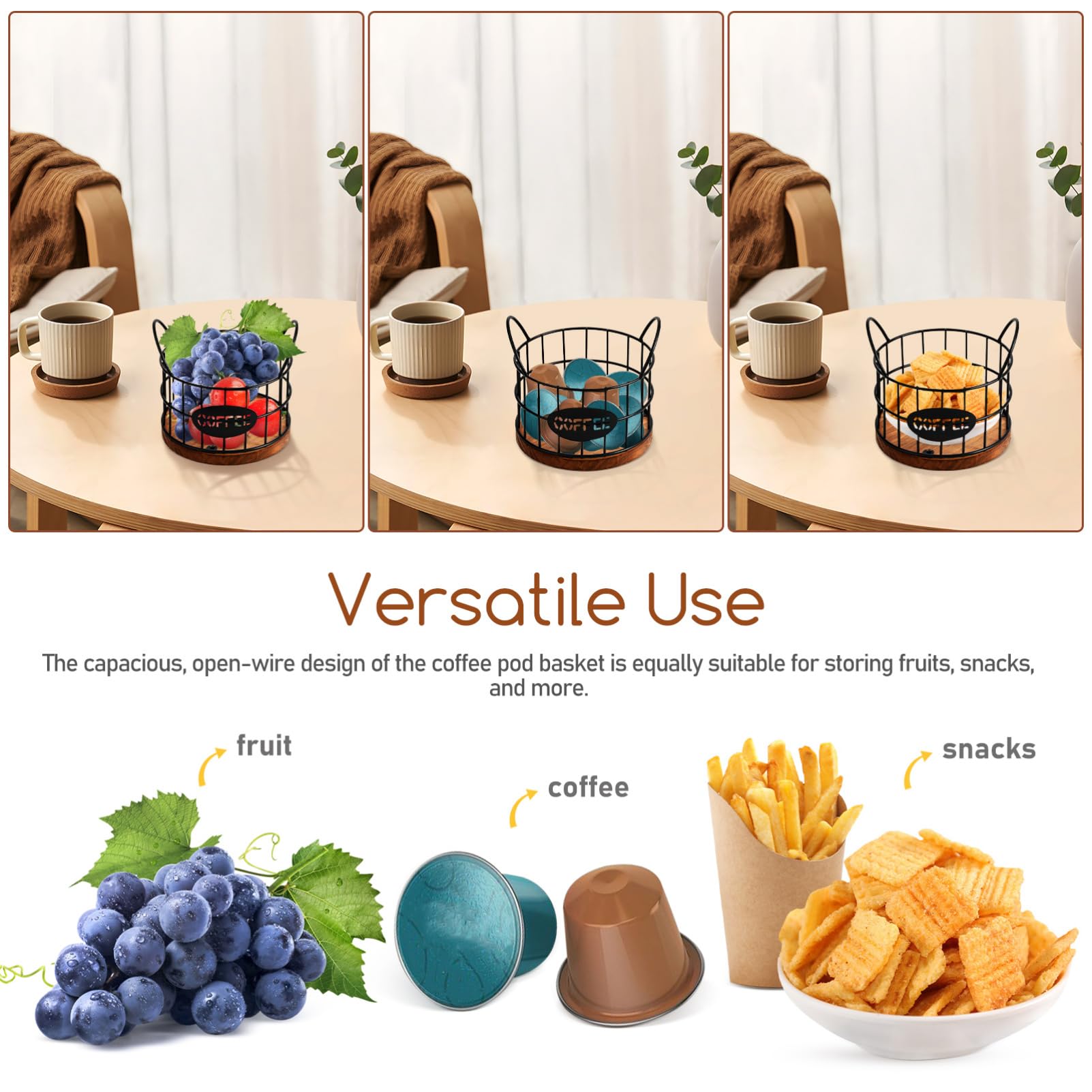 Sturdy Wire Coffee Pod Holder with Wooden Base & Handles - Countertop Storage Organizer for Keurig K-Cups & Nespresso Capsules - Perfect for Home, Hotel, Coffee Bar & Office Use