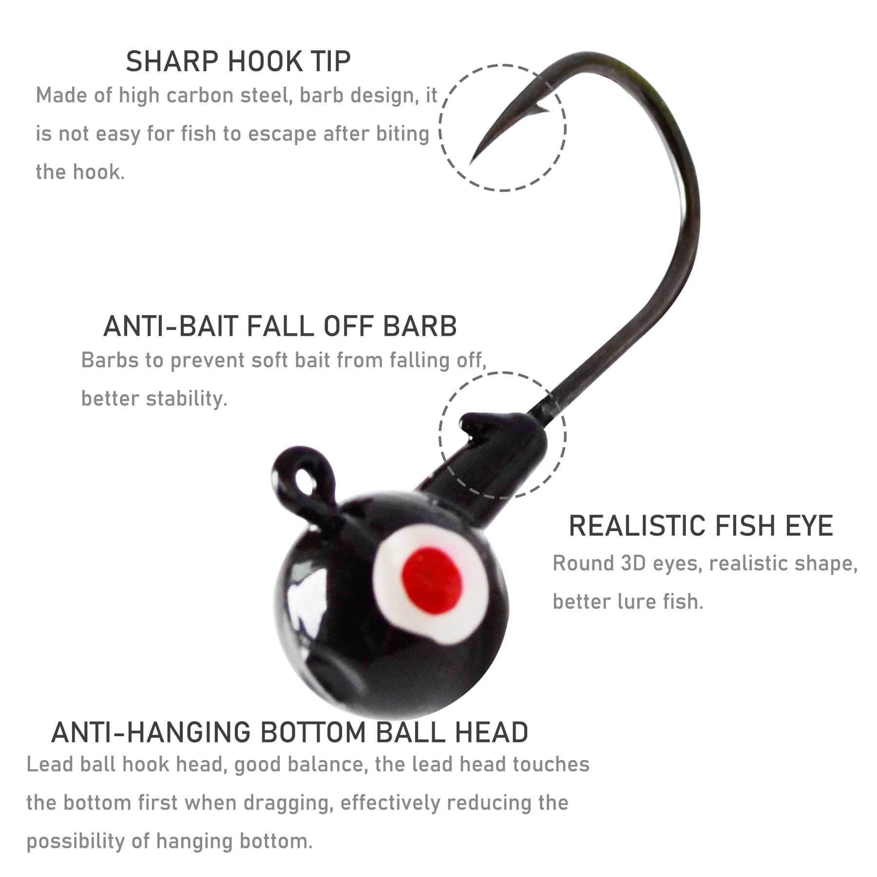 Premium 3D Eye Fishing Jig Heads - Sharp Ball Head Hooks for Bass, Trout & Saltwater/Freshwater Fishing (0.13oz-0.5oz Weights) - Ideal for Worm Lures & Tackle Box Organization