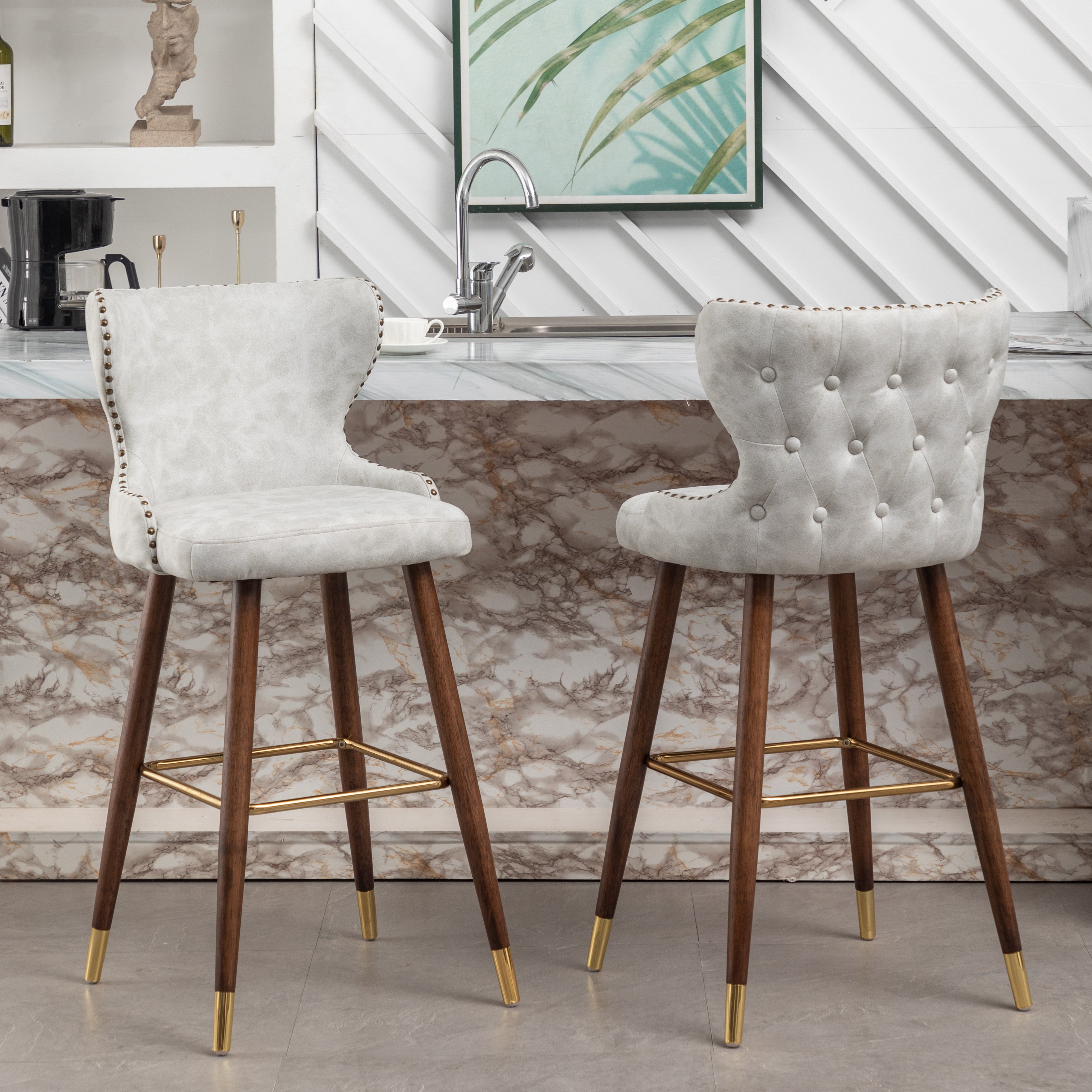 Roundhill Furniture Nevis Mid Century Modern Faux Leather Tufted Bar Stools with Nailhead Trim - Set of 2 White Barstools for Kitchen Island, Breakfast Nook & Home Bar Decor