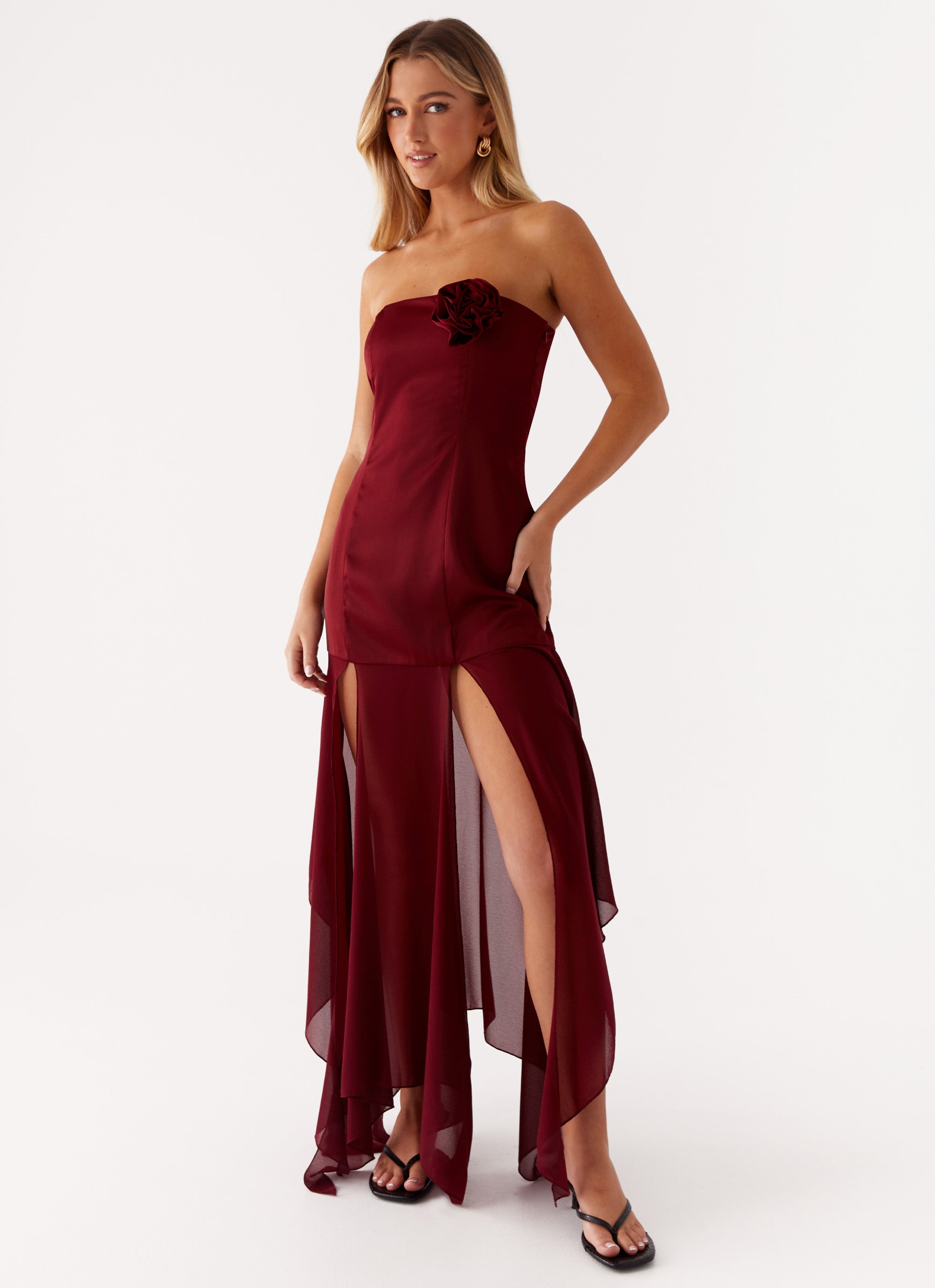 Elegant Satin Maxi Dress for Women - Cherry Red Long Flowy Dress for Parties, Weddings & Special Occasions
