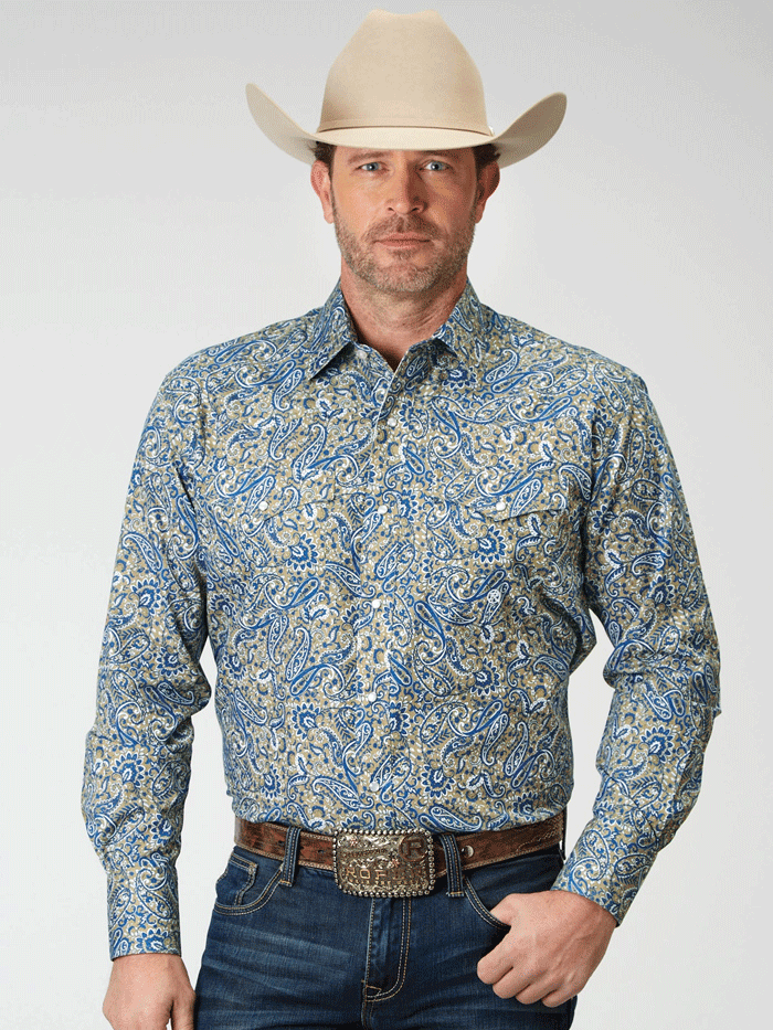 Roper Men's All Over Delft Paisley Print Snap Shirt - Blue Western Style Button Up Shirt for Casual Wear, Country Music Festivals & Rodeo Events