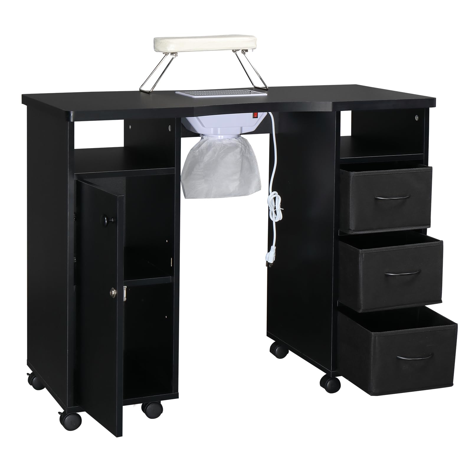 Professional Manicure Table with 4 Drawers & 2 Cabinets - Lockable Wheels Nail Tech Desk for Beauty Salon & Home Use - Perfect for Nail Artists, Spa Professionals & DIY Enthusiasts (Black)