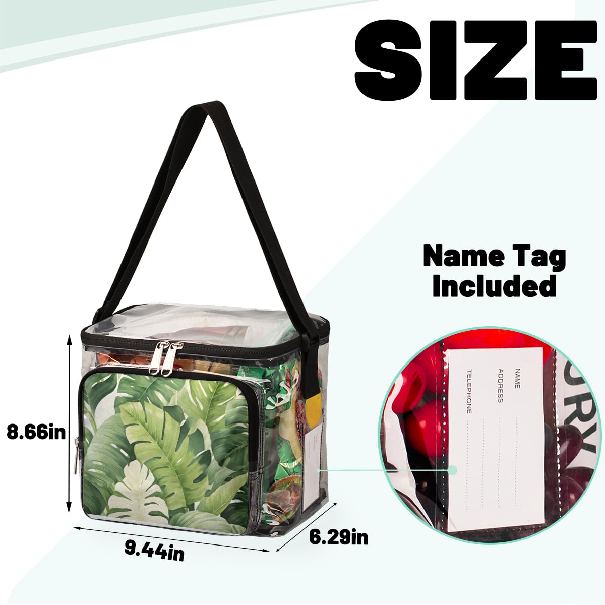 GzLeyigou Summer Clear Tote Bag with Handles - Green Tropical Leaf Pattern Transparent Crossbody Shoulder Bag for Lunch, Beach, Travel, Picnic, Concerts & Sports Events | Stadium Approved | Perfect for Outdoor Activities, Shopping & Summer Vacations