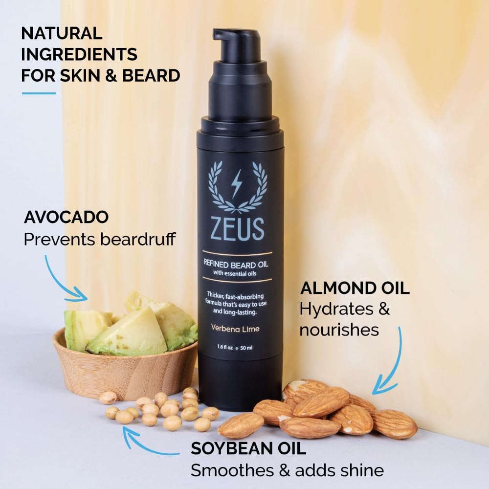 ZEUS Refined Beard Oil for Men - Leave-In Conditioner for Softer Beard & Mustache - Natural Sandalwood Scent - Made in USA - 1.6 oz - Perfect for Daily Grooming & Styling