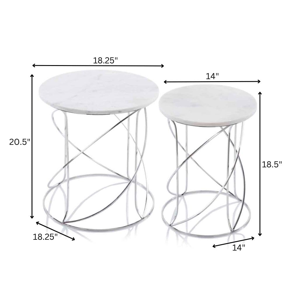 Modern White Marble Nesting Tables Set of 2 - Round Side End Tables for Living Room, Bedroom & Office - 18.5