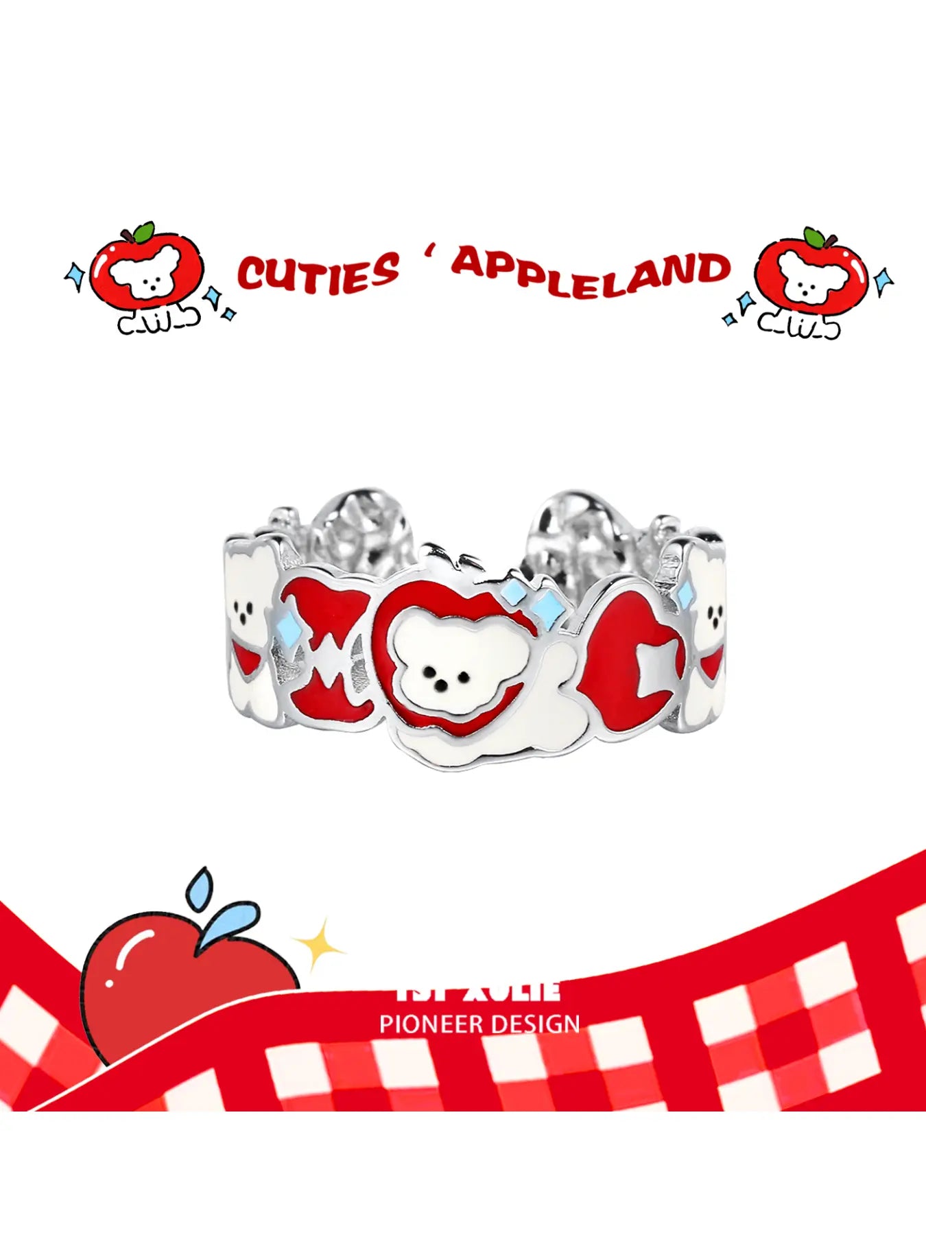 Cuties' Appleland Kitten & Puppy 925 Sterling Silver Apple Slices Open Ring - Cute Animal Jewelry for Women, Girls | Perfect Gift for Pet Lovers, Birthday, Anniversary