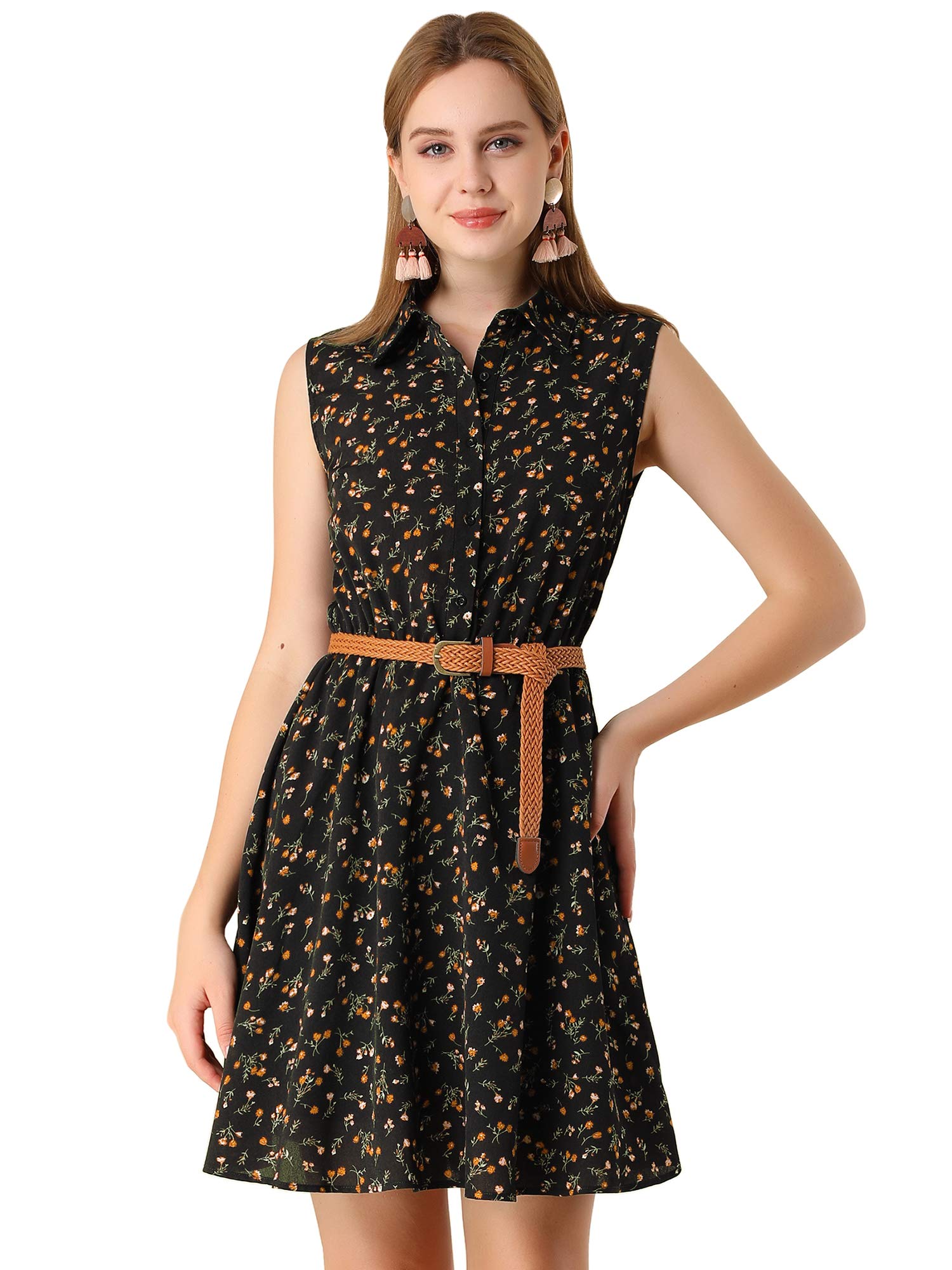 Allegra K Women's Floral Print Sleeveless Belted Midi Dress with Half Placket - Casual Summer Dress for Beach, Party & Outdoor Events
