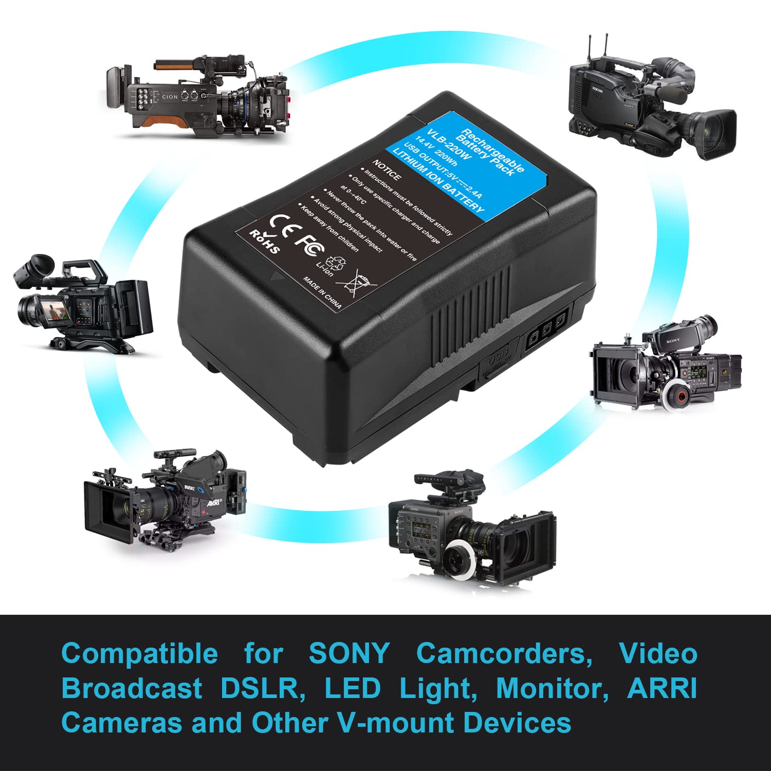 KUNLUN 220Wh 15000mAh V Mount Battery with D-TAP & USB Ports - Compatible with Sony Cameras, Camcorders, LED Lights, Monitors - Power Solution for Filmmaking, Broadcasting & Photography
