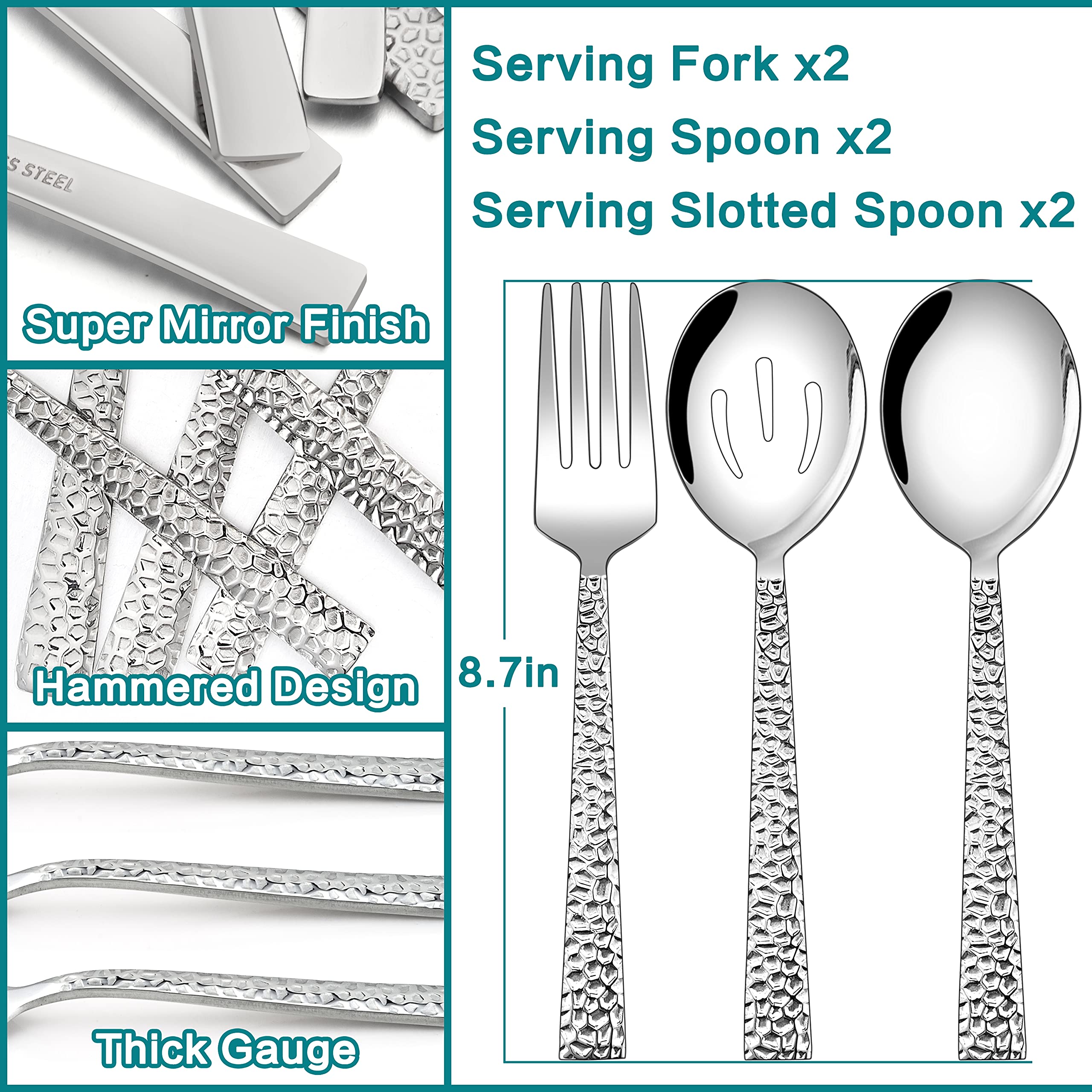 E-far 6-Piece Stainless Steel Hammered Serving Utensil Set - 8.7