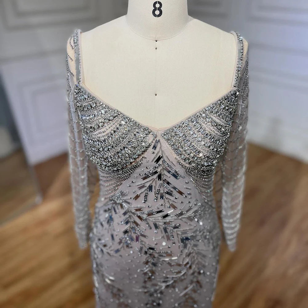 Elegant Arabic Silver Beaded Mermaid Evening Gown for Women - Luxury Dubai Wedding Party Dress 2025 LA72513 | Perfect for Formal Events, Galas, and Special Occasions