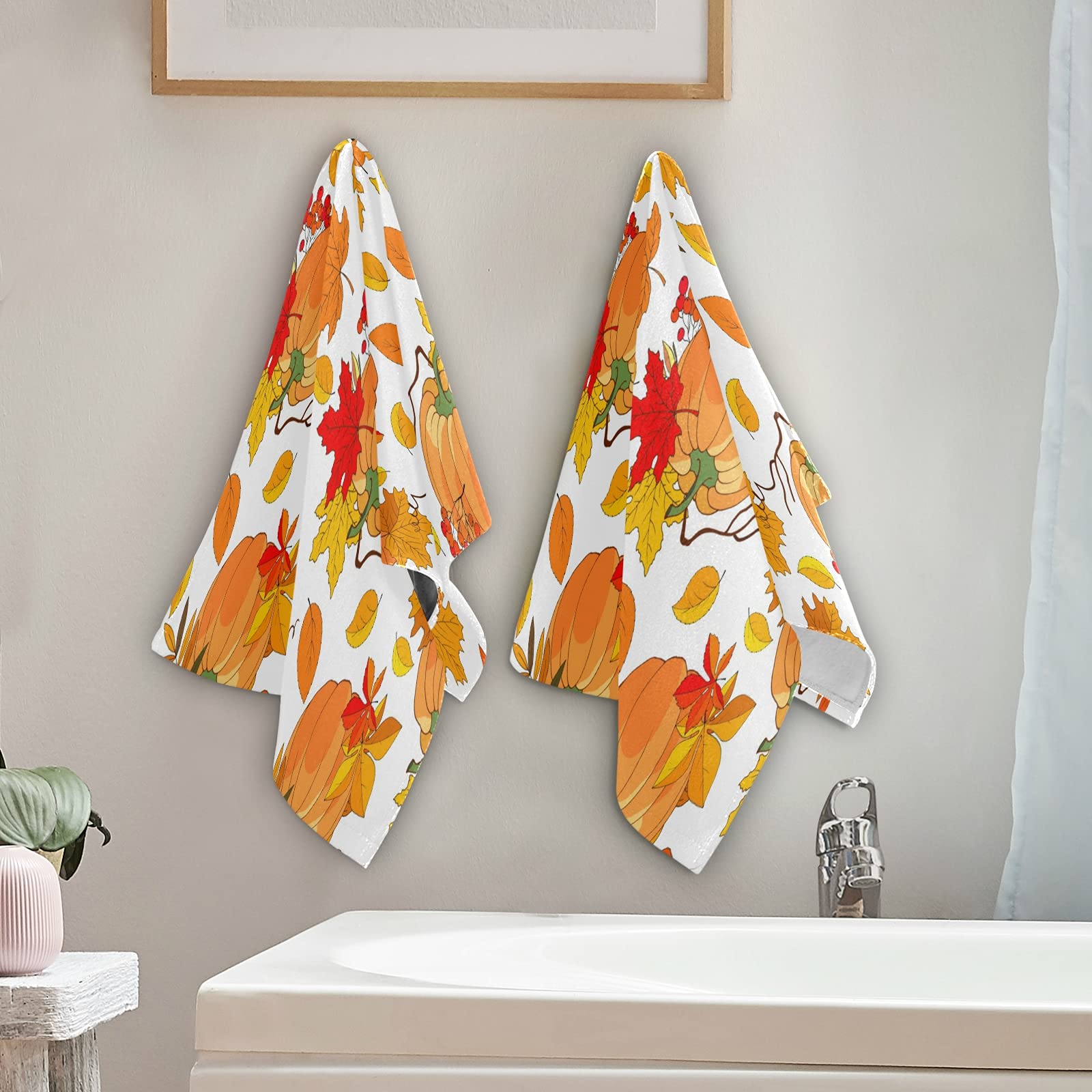Fall Pumpkin Maple Face Towel Set of 2 - Soft Autumn Thanksgiving Hand & Dish Towels - 30x15 Inches for Kitchen, Bathroom & Beach Decor - Perfect for Seasonal Home Decor, Hostess Gifts & Thanksgiving Table Settings