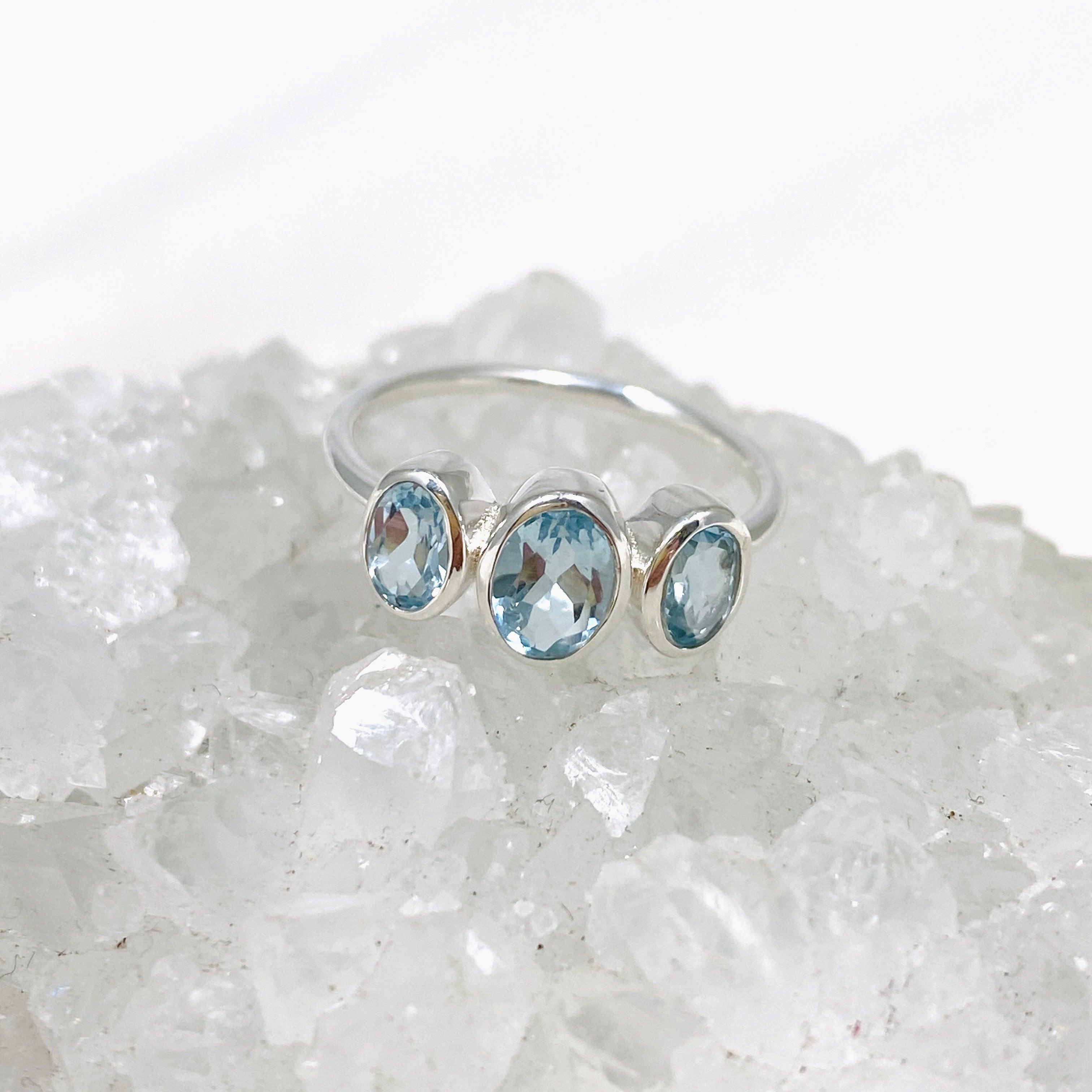 Blue Topaz Triple Stone Faceted Ring R3956 - Elegant Sterling Silver Jewelry for Women, Perfect for Weddings, Anniversaries & Special Occasions