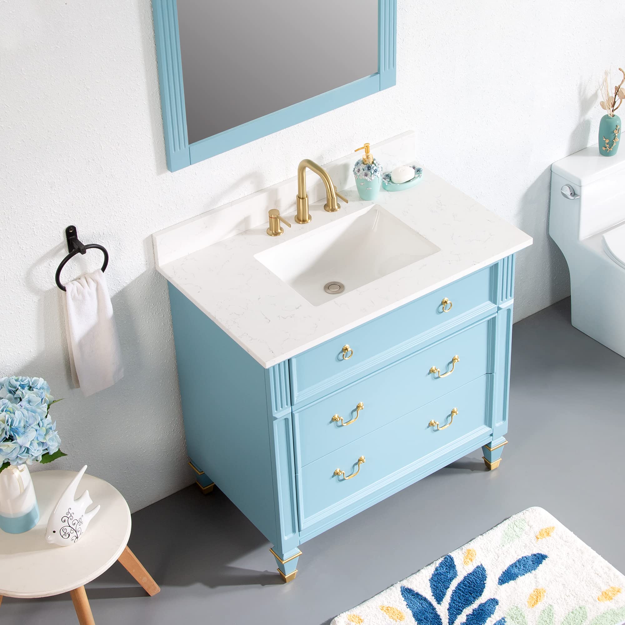 WELLFOR 36 Inch Freestanding Bathroom Vanity with Sink - No Assembly Required Wood Makeup Cabinet with 3 Drawers, Storage Organizer & Marble Countertop - Classic Blue | Perfect for Small Bathrooms, Powder Rooms & Master Bath Remodels