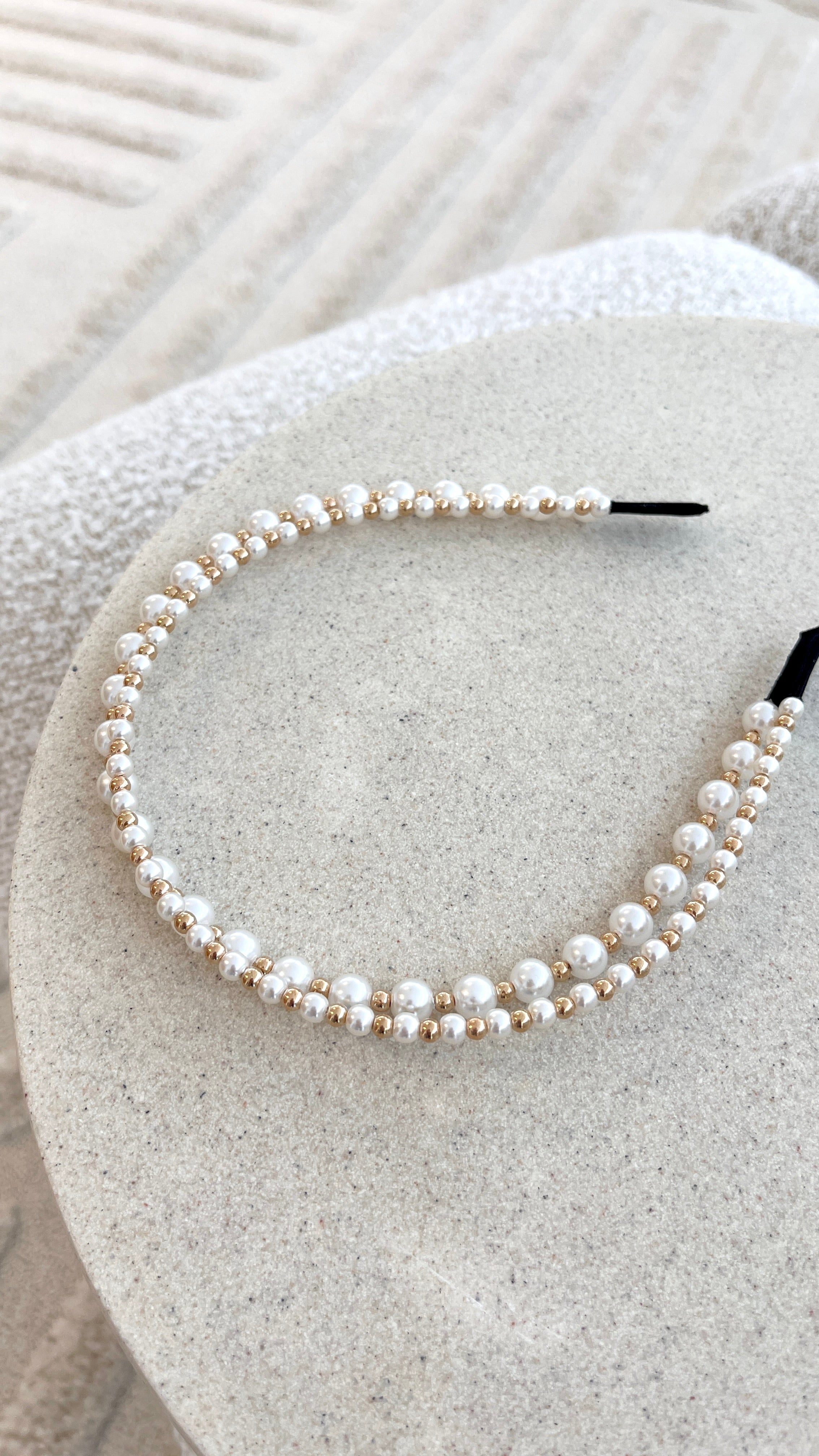 Alice Pearl Metal Ball Headband - Cream & Gold Hair Accessory for Women, Bridal Party, Prom, Wedding, and Special Occasions