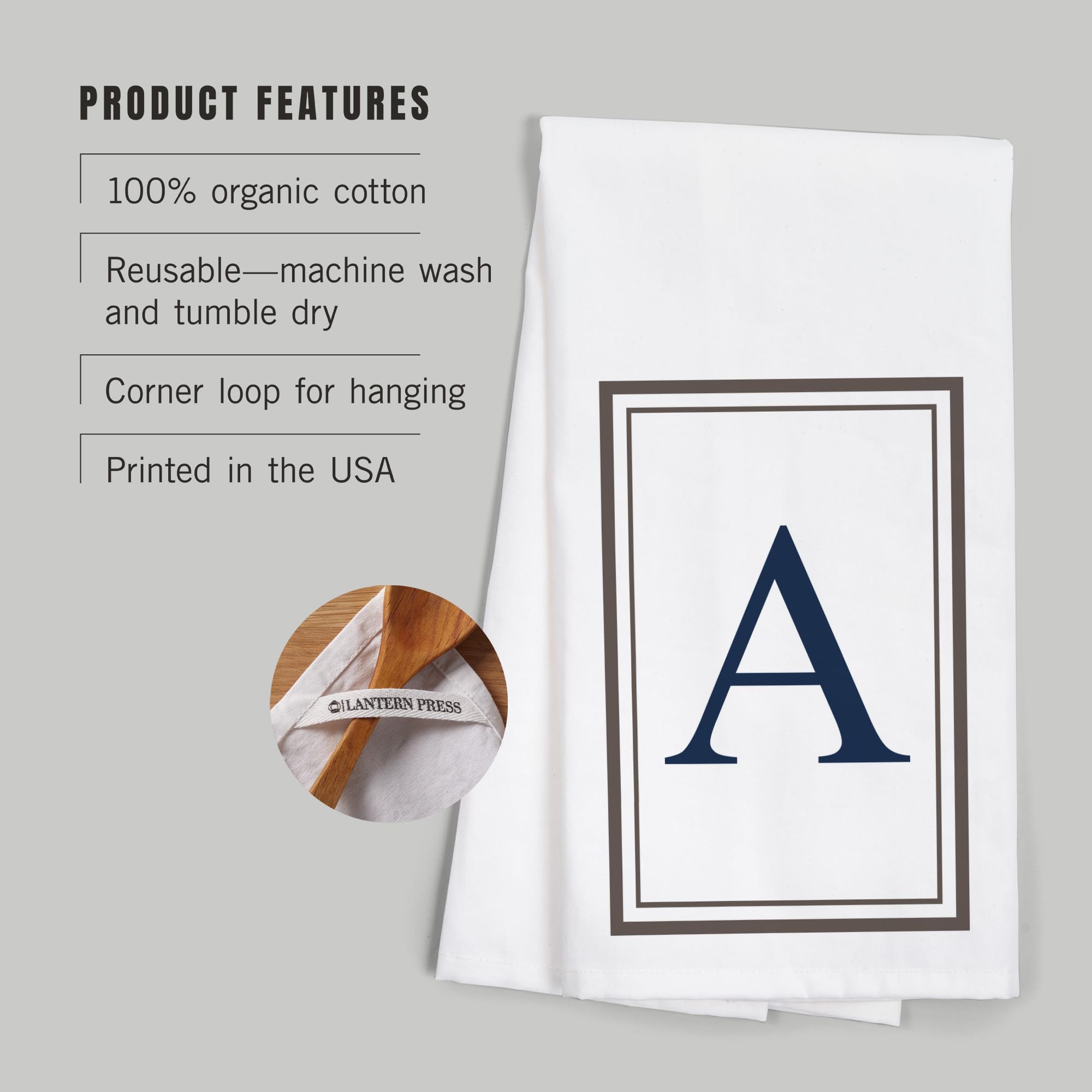 Lantern Press Monogram Estate Gray and Blue 100% Cotton Tea Towel - Decorative Hand Towel for Kitchen, Bathroom & Home Decor | Perfect for Gifts, Dish Drying & Farmhouse Style Decorating