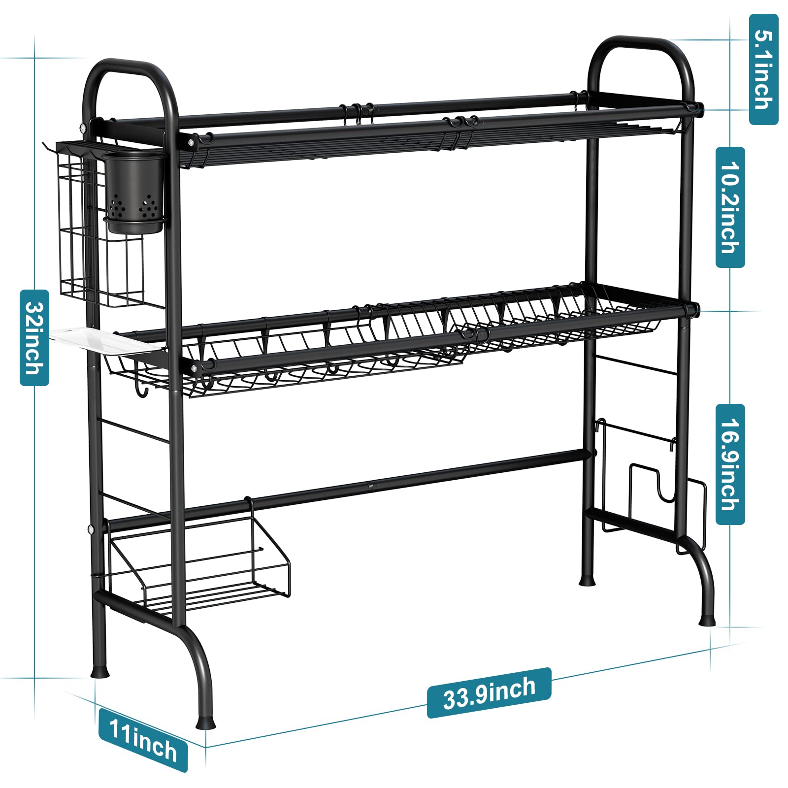 HOWDIA 3-Tier Stainless Steel Over The Sink Dish Drying Rack with Utensil Holder | Large Kitchen Counter Dish Drainer for Plates, Cups & Cookware | Space-Saving Solution for Small Kitchens & Apartments