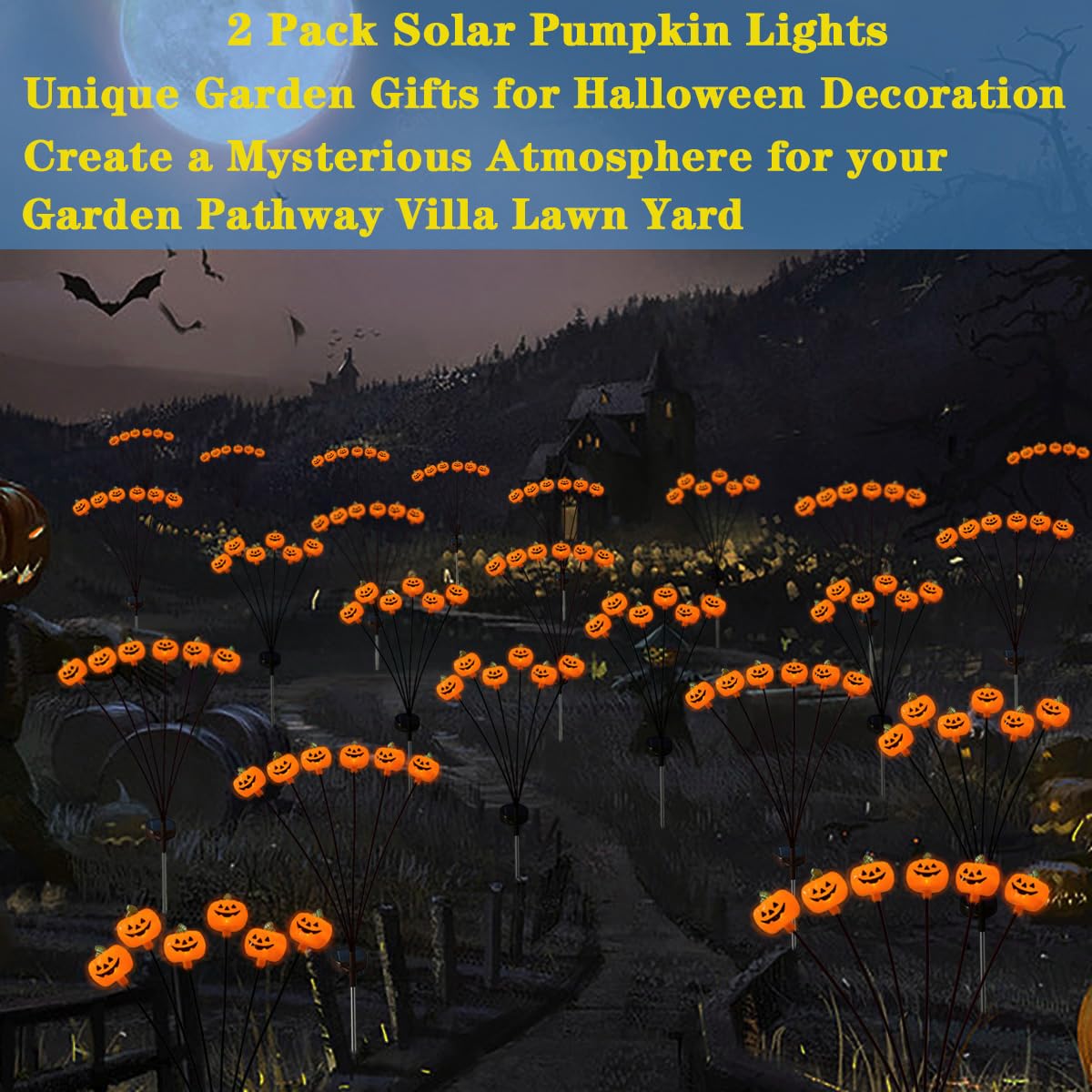 2 Pack Solar Halloween Pumpkin Stake Lights - Waterproof Outdoor Jack-O-Lantern Firefly Lights for Yard, Lawn & Garden Decor | Perfect for Pathway Lighting & Spooky Halloween Atmosphere