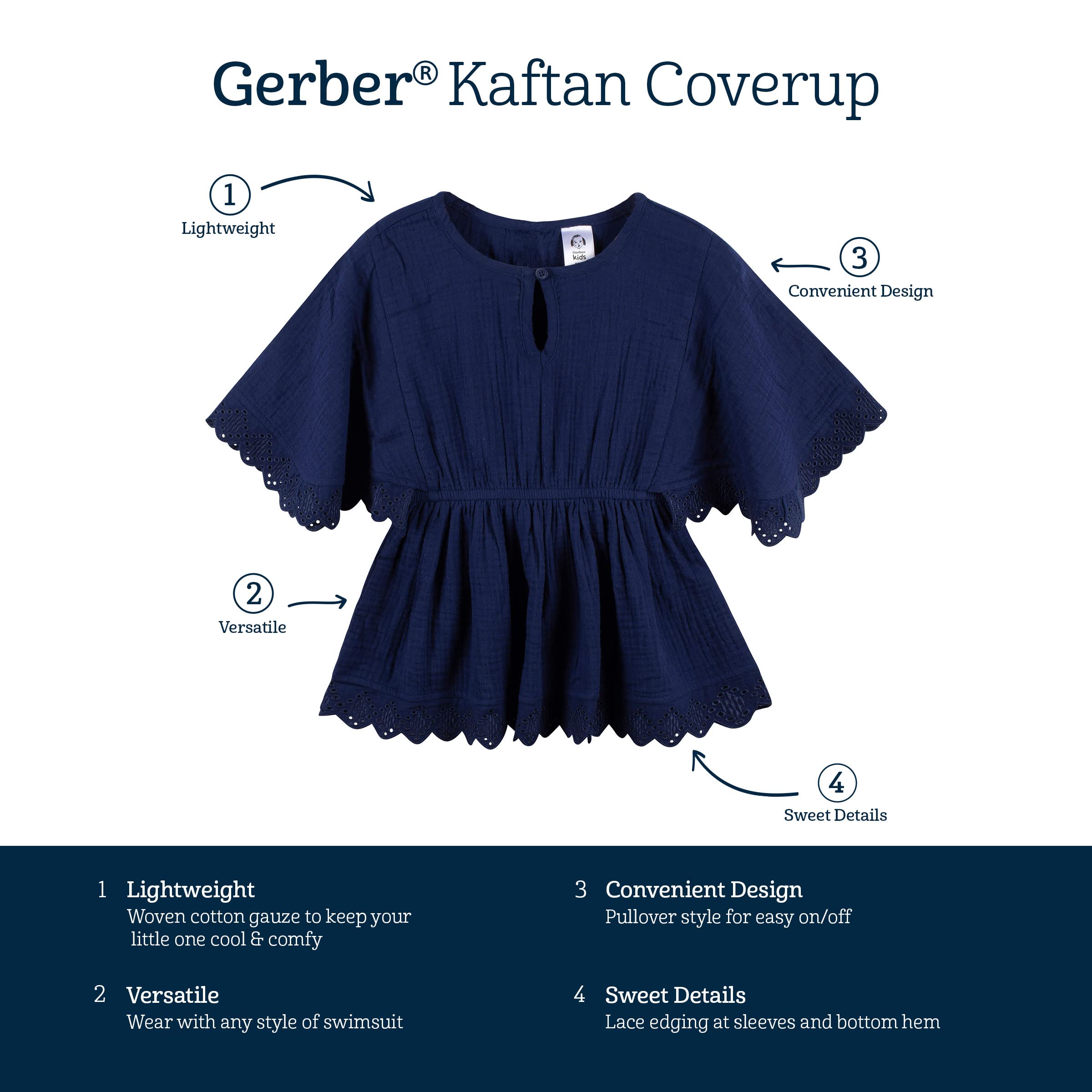 Gerber Baby Girls' Toddler Kaftan Swim Cover Up - UV Protection Beach Dress for Toddlers - Perfect for Pool, Beach & Summer Outings
