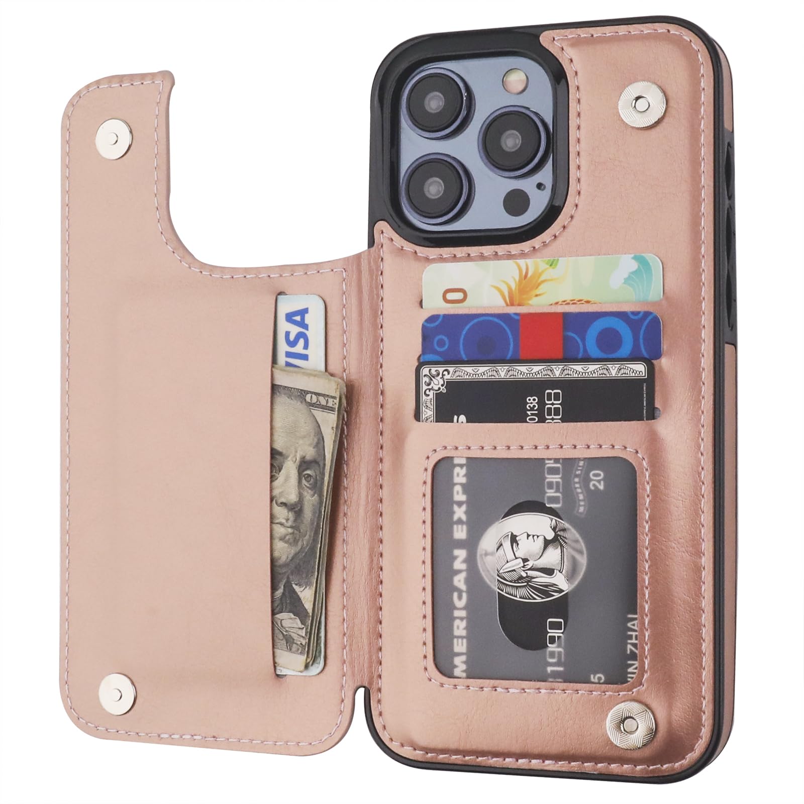 iPhone 15 Pro Max Wallet Case with Card Holder & Kickstand - PU Leather Magnetic Clasp Shockproof Cover for 6.7