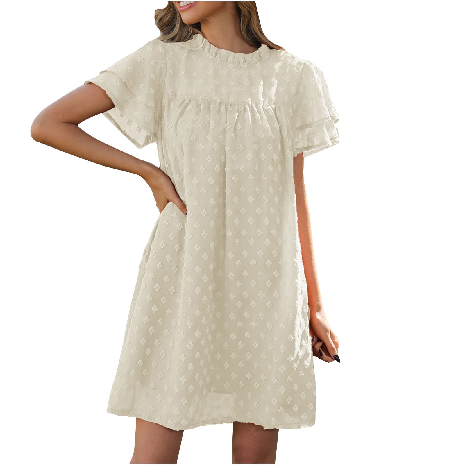 Women's Casual Swiss Dot Turtleneck Short Sleeve Mini Dress - Summer Beach Sundress & Wedding Guest Outfit - Plus Size Flowy Dress for Outdoor Parties, Vacations & Date Nights