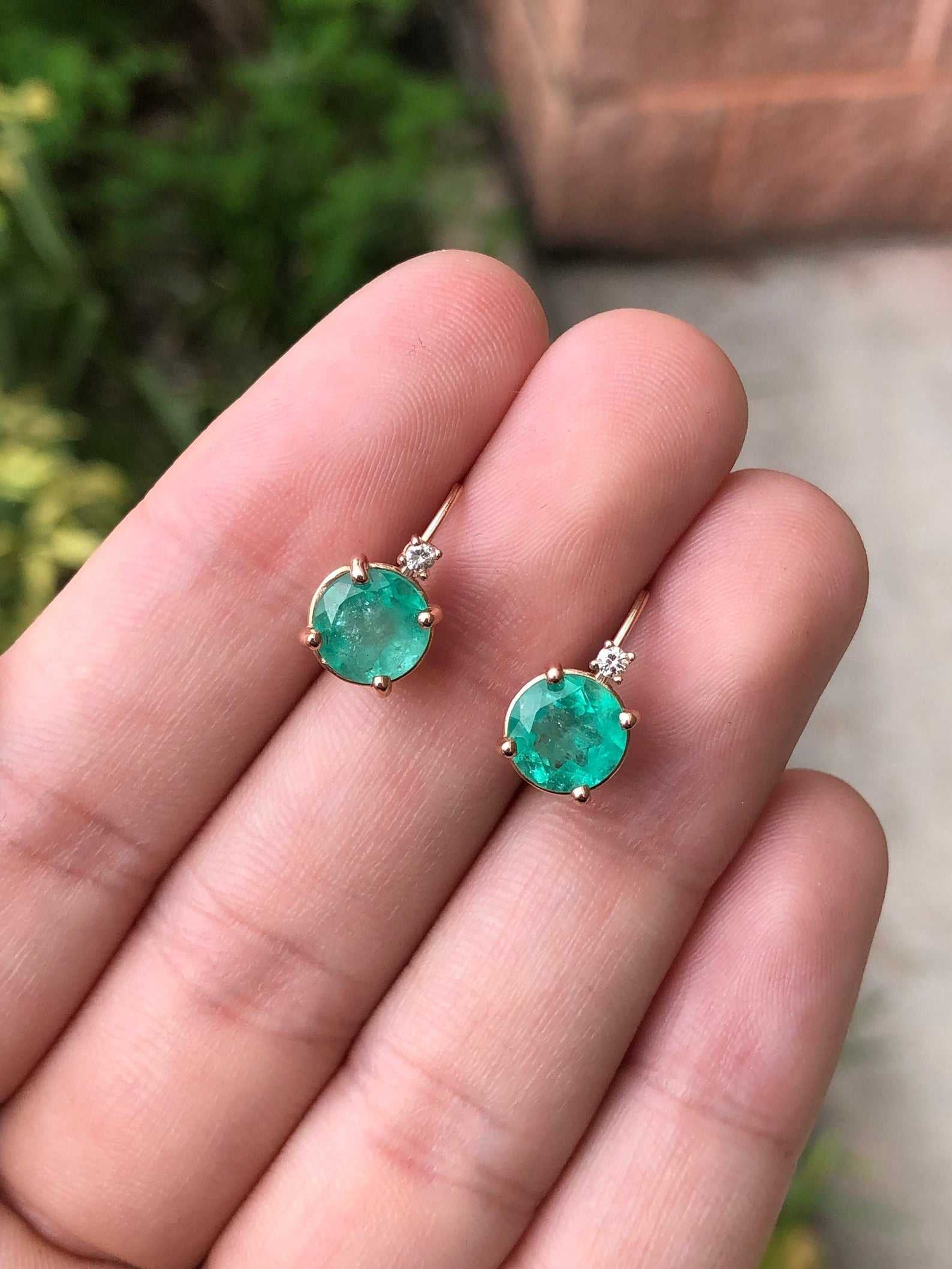 3.10tcw Round Colombian Emerald & Diamond Lever Back Earrings in 14K Gold - Elegant Jewelry for Weddings, Parties & Special Occasions