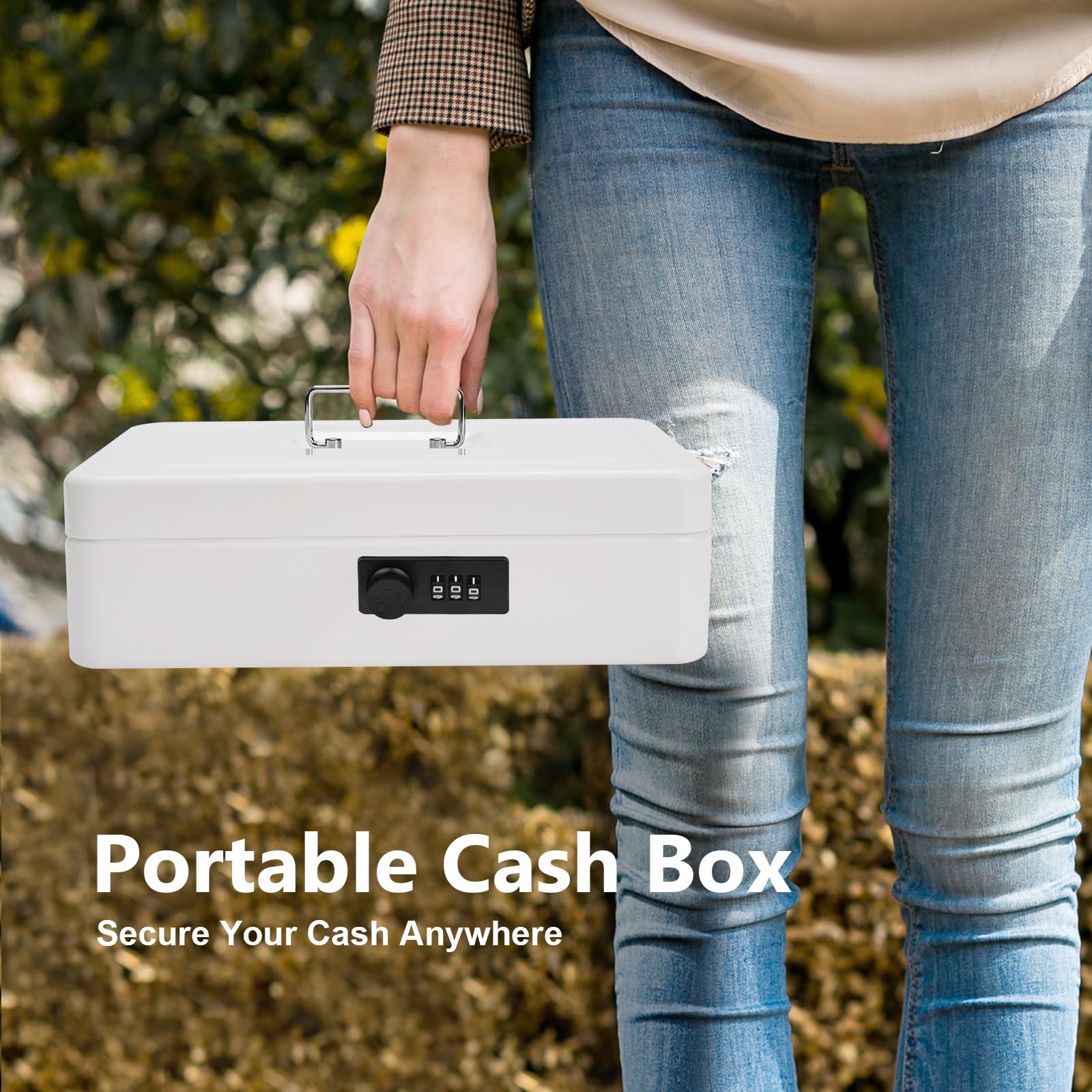 Metal Cash Box with Combination Lock - Secure Money Safe Box with Cash Tray, 4 Bill & 5 Coin Slots (11.8x9.5x3.5 Inches, White) - Perfect for Retail Stores, Home Savings & Office Cash Management