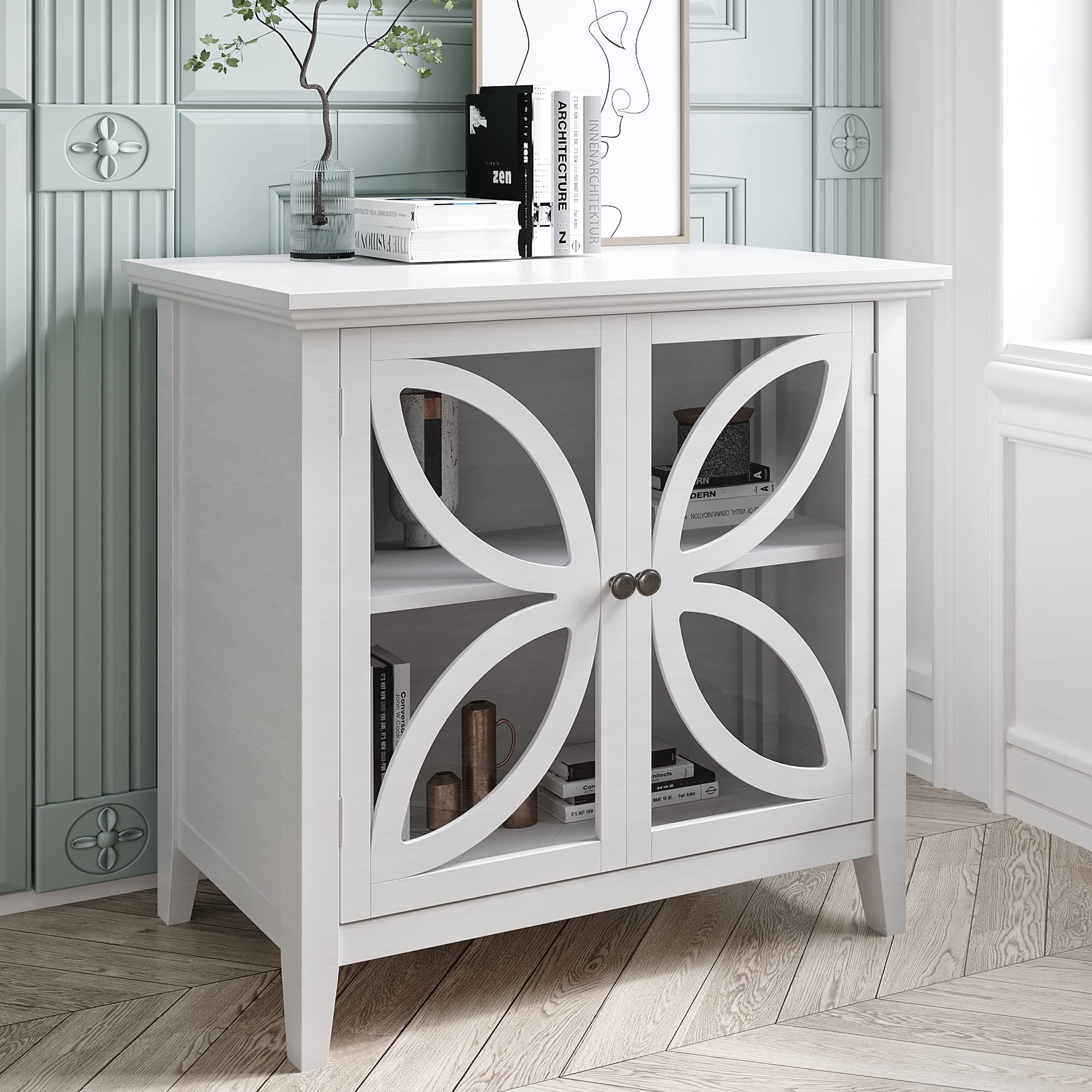 Modern Wooden Accent Storage Cabinet with Decorative Transparent Door - Entryway, Living Room & Bedroom Sideboard for Home Organization & Stylish Decor