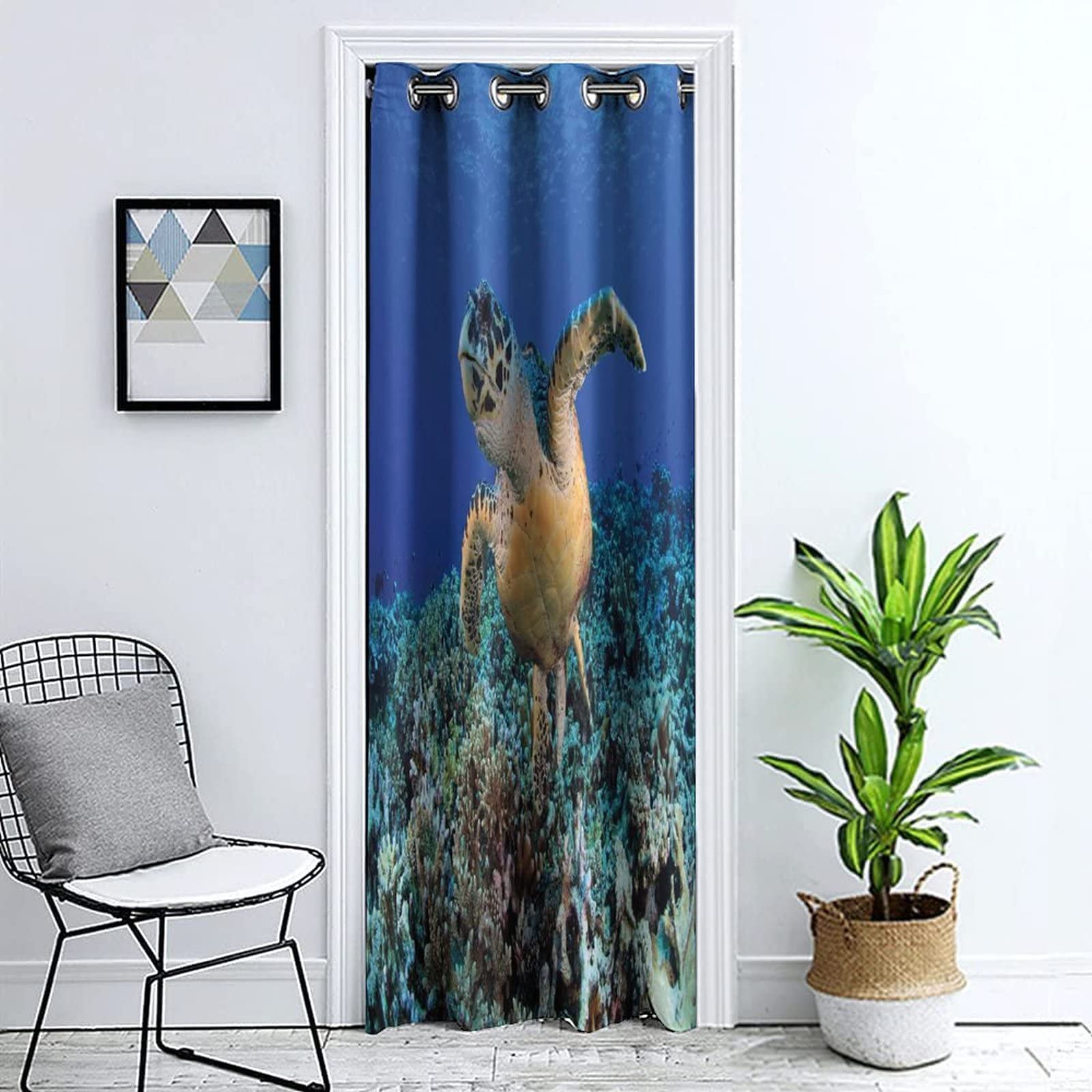 Turtle Print Door Curtain - 51x78 Inch Ocean Themed Privacy Doorway Curtain with Grommets, Single Panel Window Drape for Bedroom, Bathroom or Closet - Perfect for Bay Windows & Coastal Home Decor
