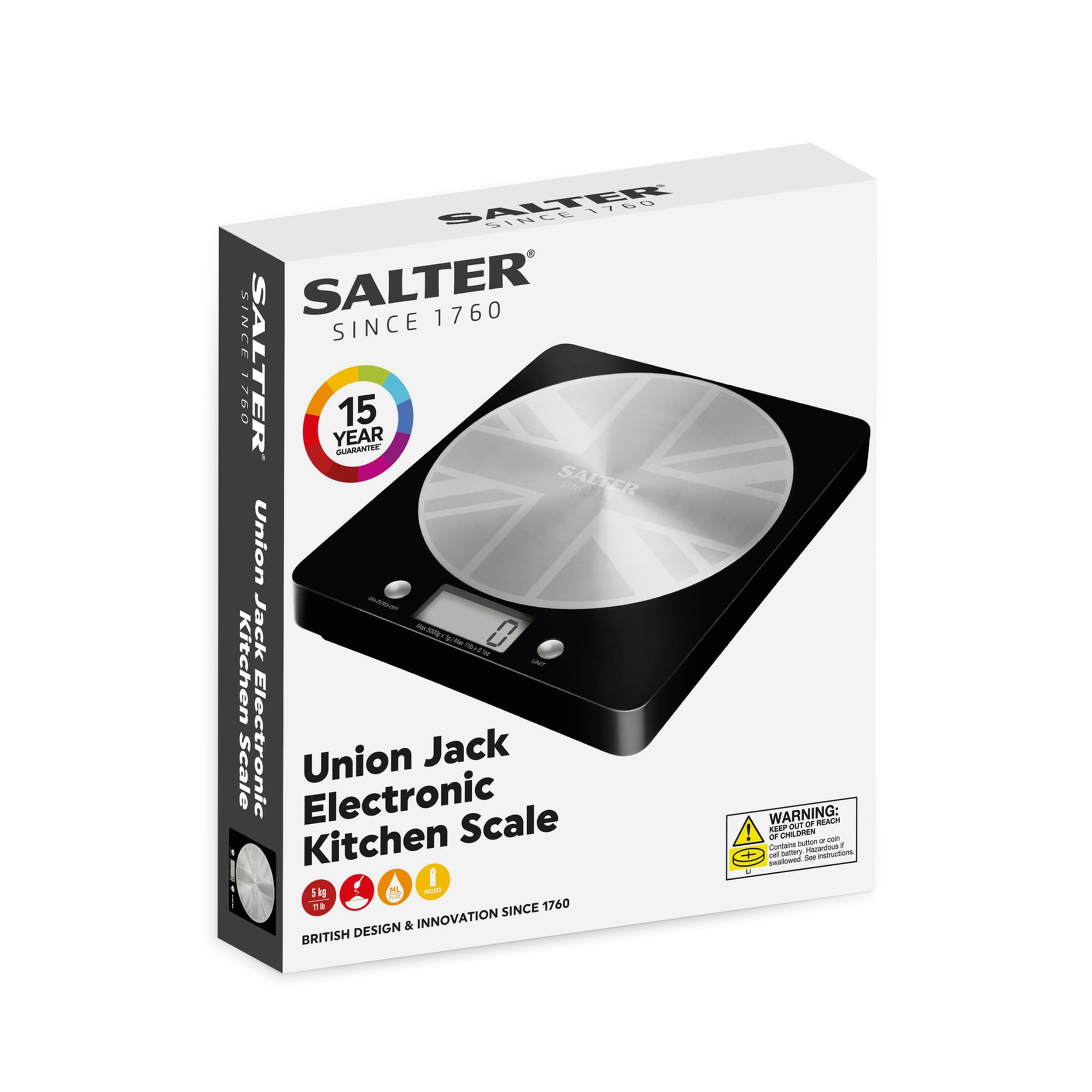 Salter Digital Kitchen Scale – 5kg Capacity, LCD Display, Multi-Function Food Scale for Baking, Cooking & Measuring Liquids | Precise Weighing for Ingredients, Coffee, Flour & More | Includes Battery & Stainless Steel Platform