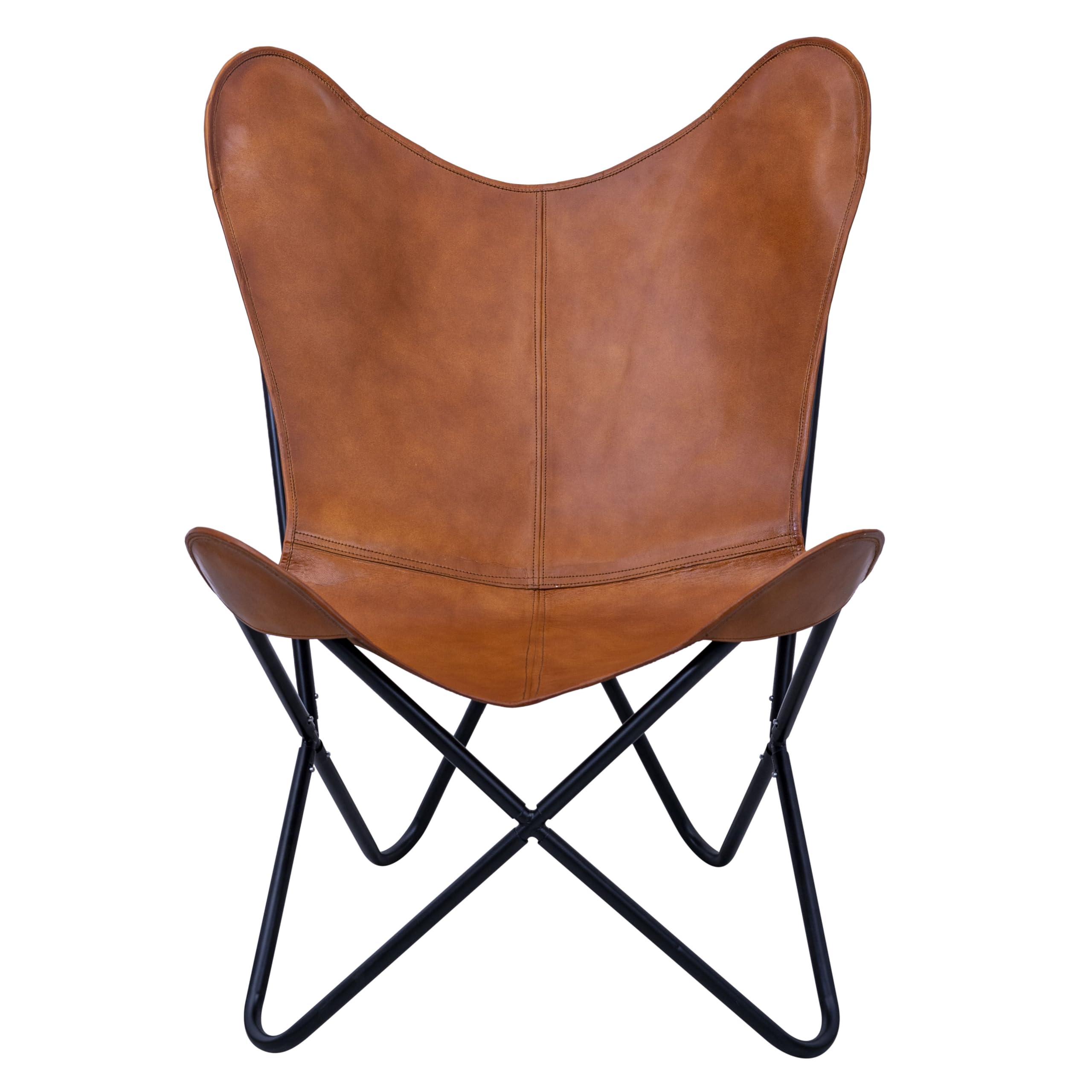Tan Leather Butterfly Chair with Black Metal Base - Modern Living Room Accent Chair for Lounge, Patio, or Bedroom - Iron Frame & Premium Leather Cover - Stylish & Comfortable Seating